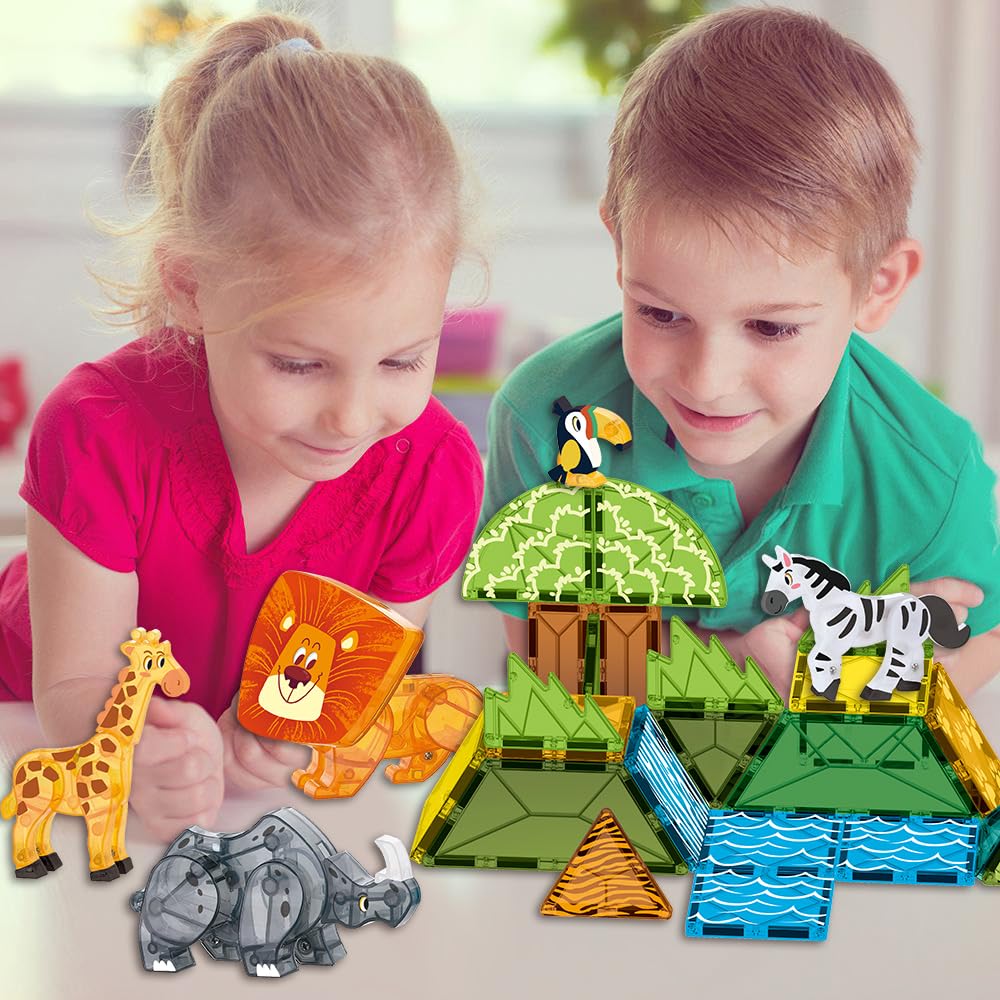 Voxifyx Magnetic Tiles Set Grassland Animals – STEM Building Toys for Kids 5-7