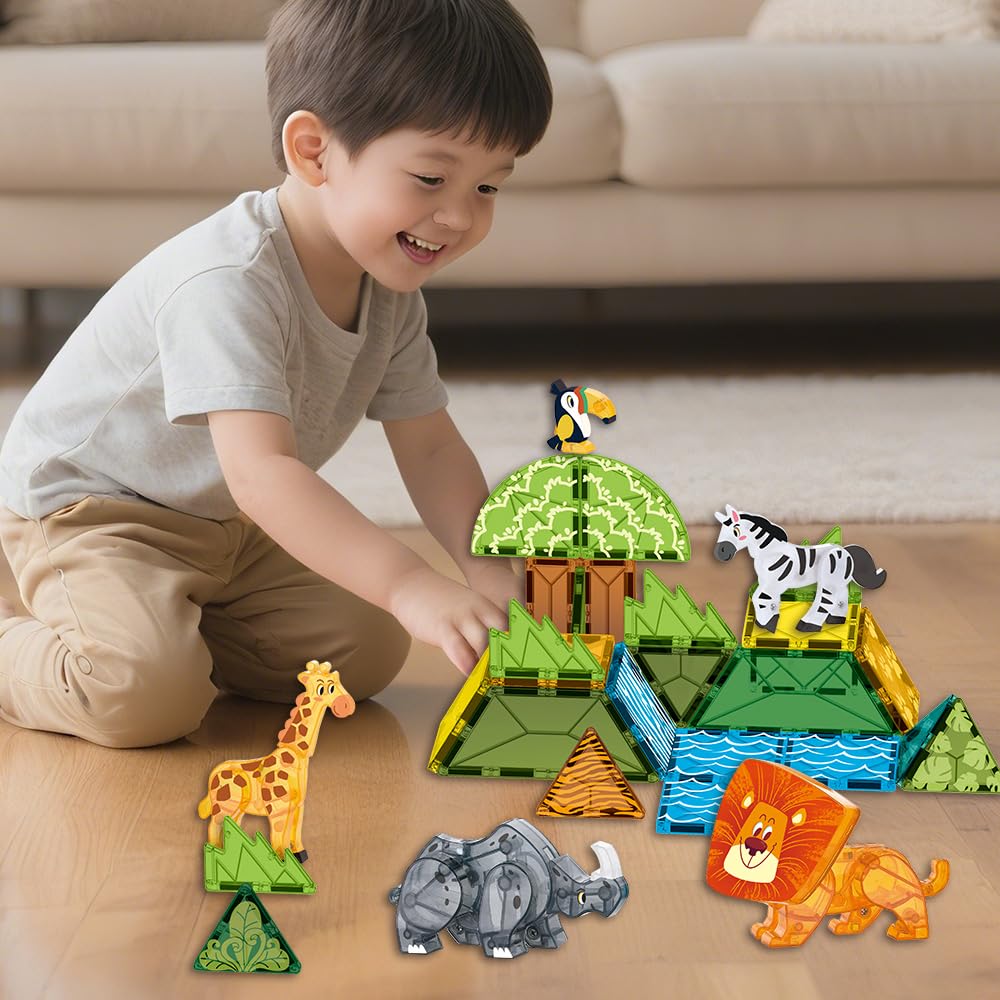 Voxifyx Magnetic Tiles Set Grassland Animals – STEM Building Toys for Kids 5-7