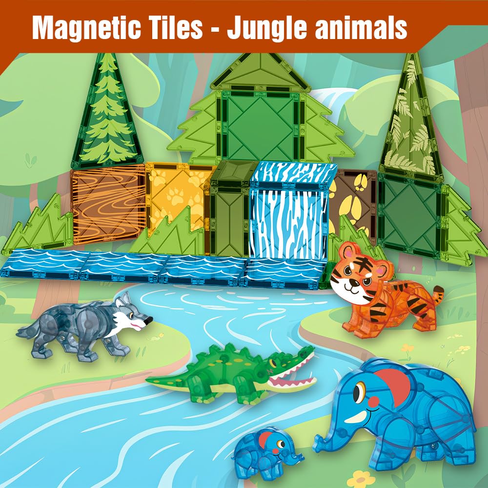 Voxifyx Magnetic Tiles Set Jungle Animals – Creative Building Toys for Kids 4-8