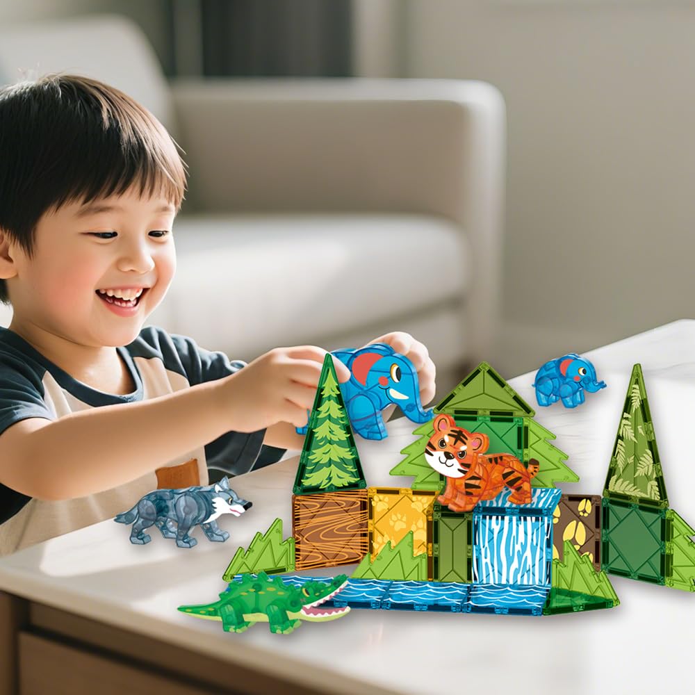 Voxifyx Magnetic Tiles Set Jungle Animals – Creative Building Toys for Kids 4-8