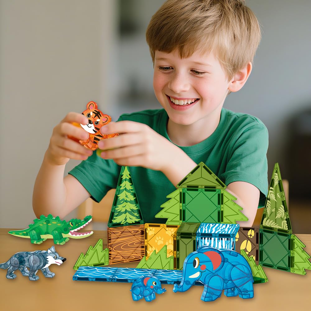 Voxifyx Magnetic Tiles Set Jungle Animals – Creative Building Toys for Kids 4-8