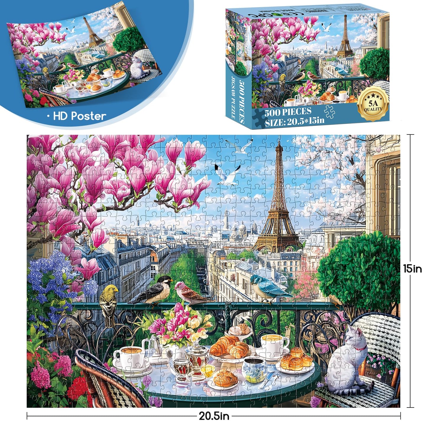 VoYouTwo 500-Piece Brunch in Paris Puzzle | Eco-Friendly Eiffel Tower Jigsaw