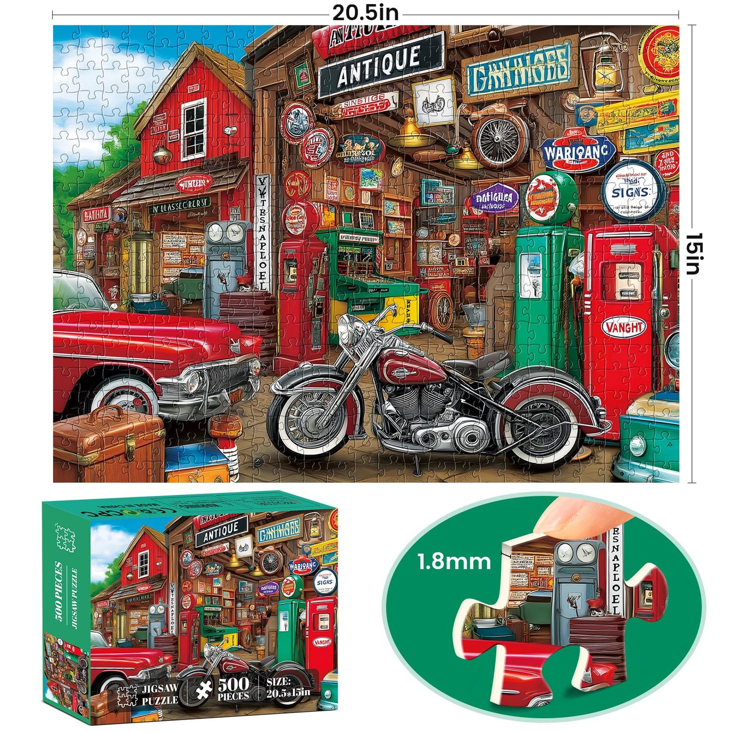 VoYouTwo 500-Piece Antique Garage Puzzle for Adults – Retro Car Jigsaw, 20.5 x 15 in