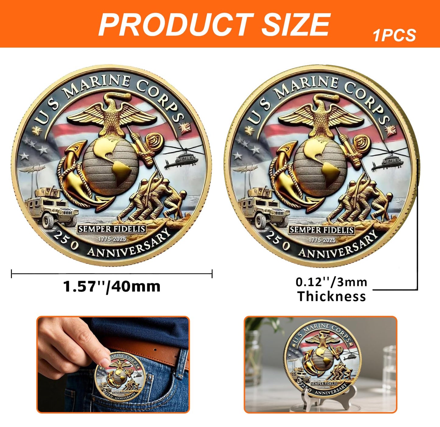 Vozekrod Double-Sided USMC 250th Anniversary Challenge Coin – 1.57-Inch Marine Corps Commemorative