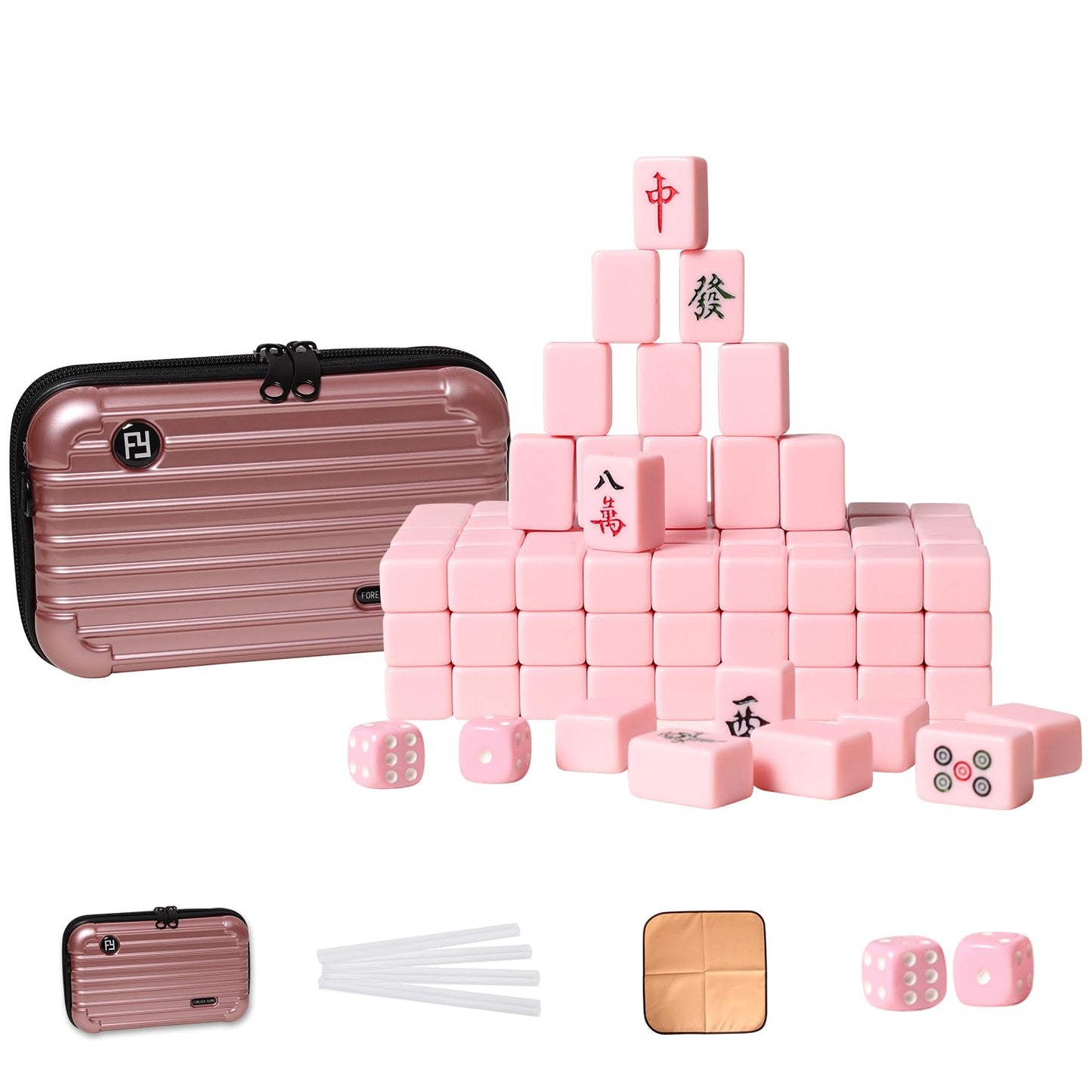 VPH Mini Chinese Mahjong Travel Set — 144 Tiles, Case & Wool Mat, Water Pink