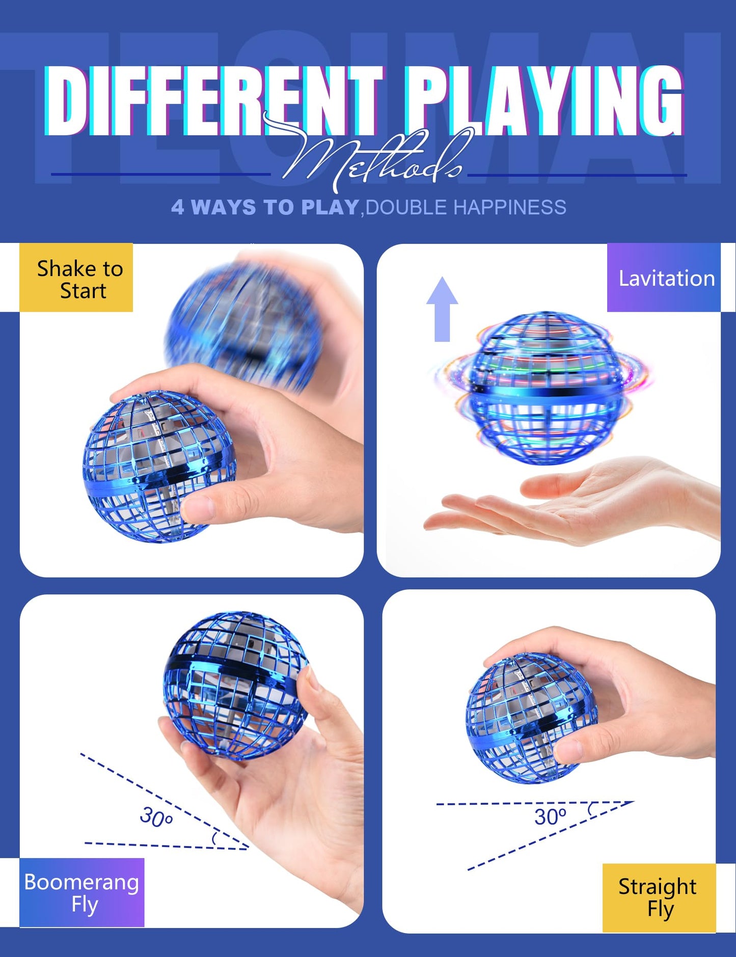 Vrainito Flying Orb Ball 2025 Upgrade — 2 Pack Hand-Controlled Hover Drone (Blue)