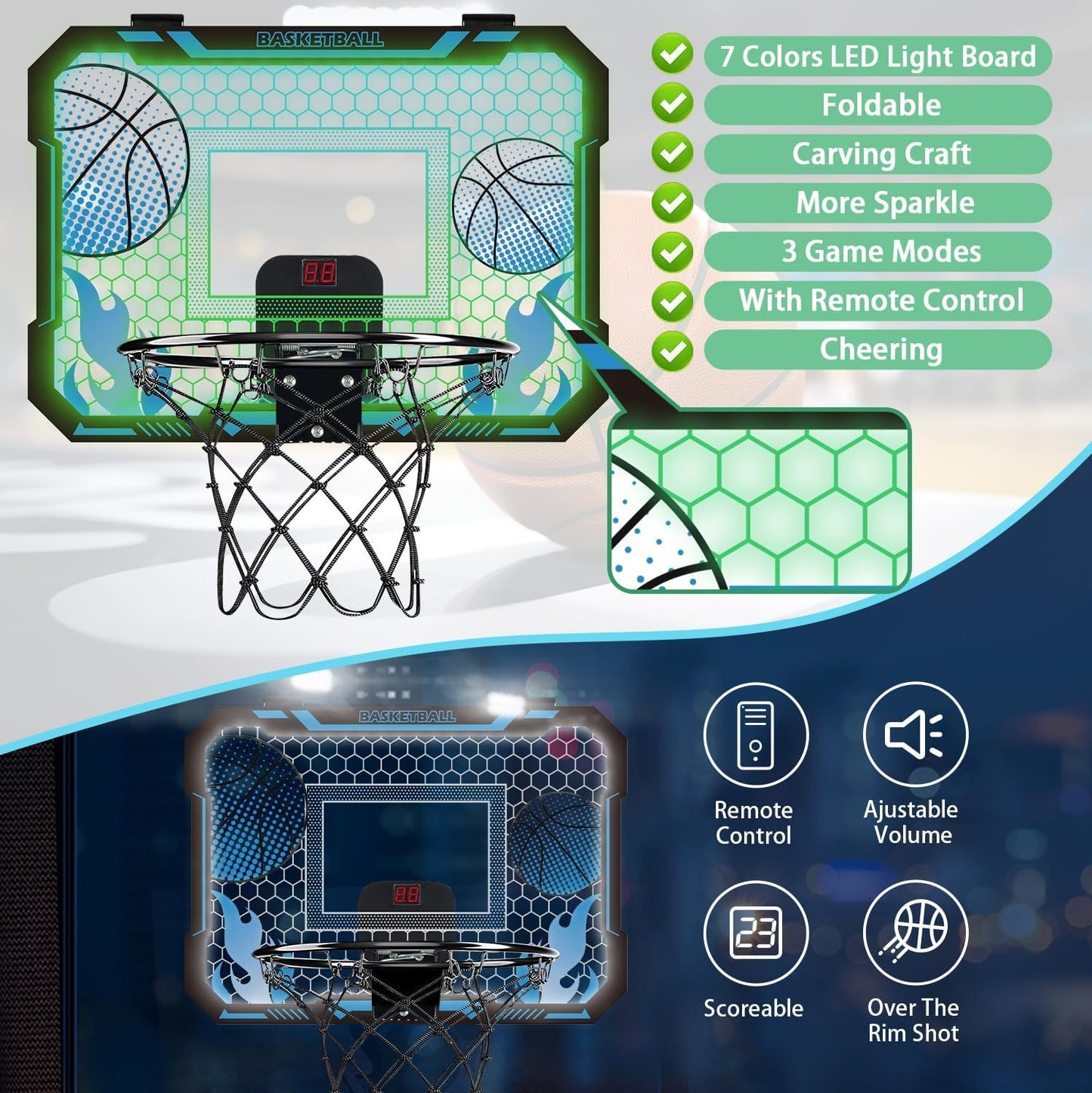VROGTIK Indoor Basketball Hoop for Kids — LED Over-Door Mini Hoop with Scoreboard
