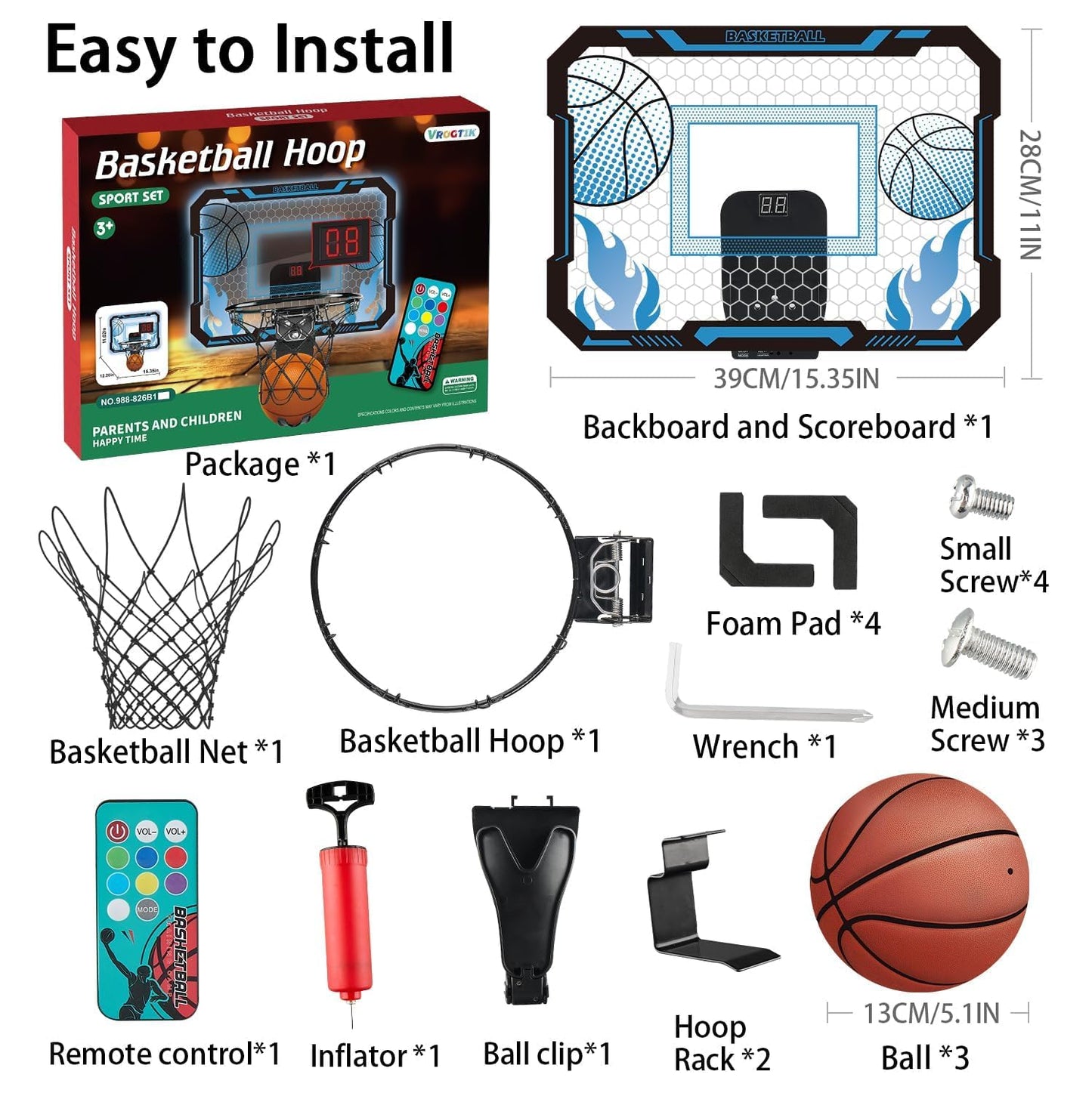 VROGTIK Indoor Basketball Hoop for Kids — LED Over-Door Mini Hoop with Scoreboard