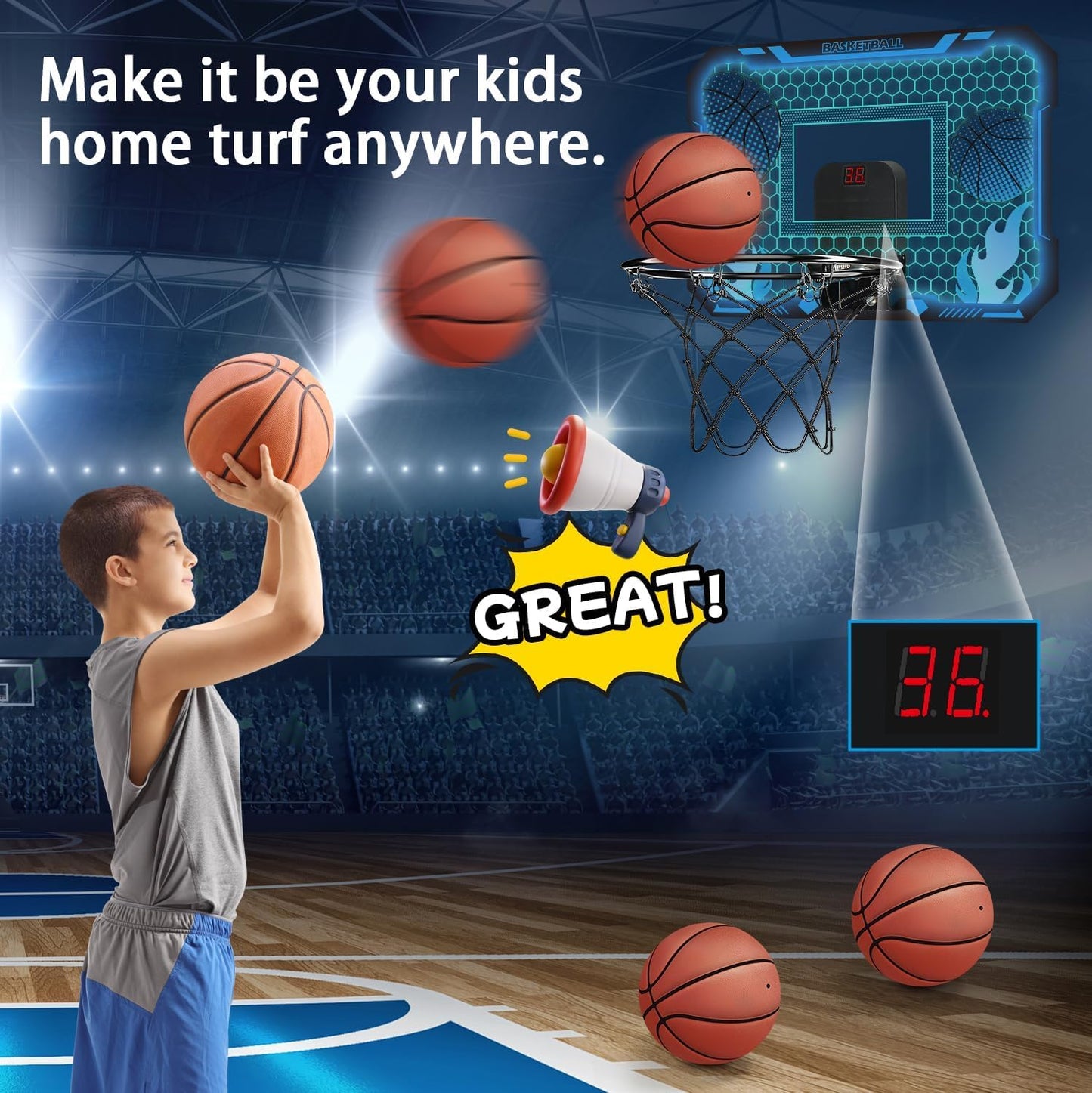 VROGTIK Indoor Basketball Hoop for Kids — LED Over-Door Mini Hoop with Scoreboard