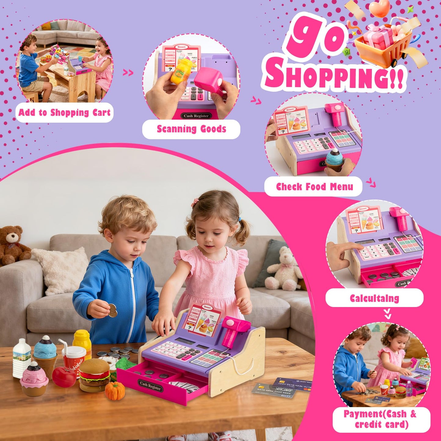 VROGTIK Wooden Cash Register with Shopping Cart – Rechargeable Pretend Play Toy