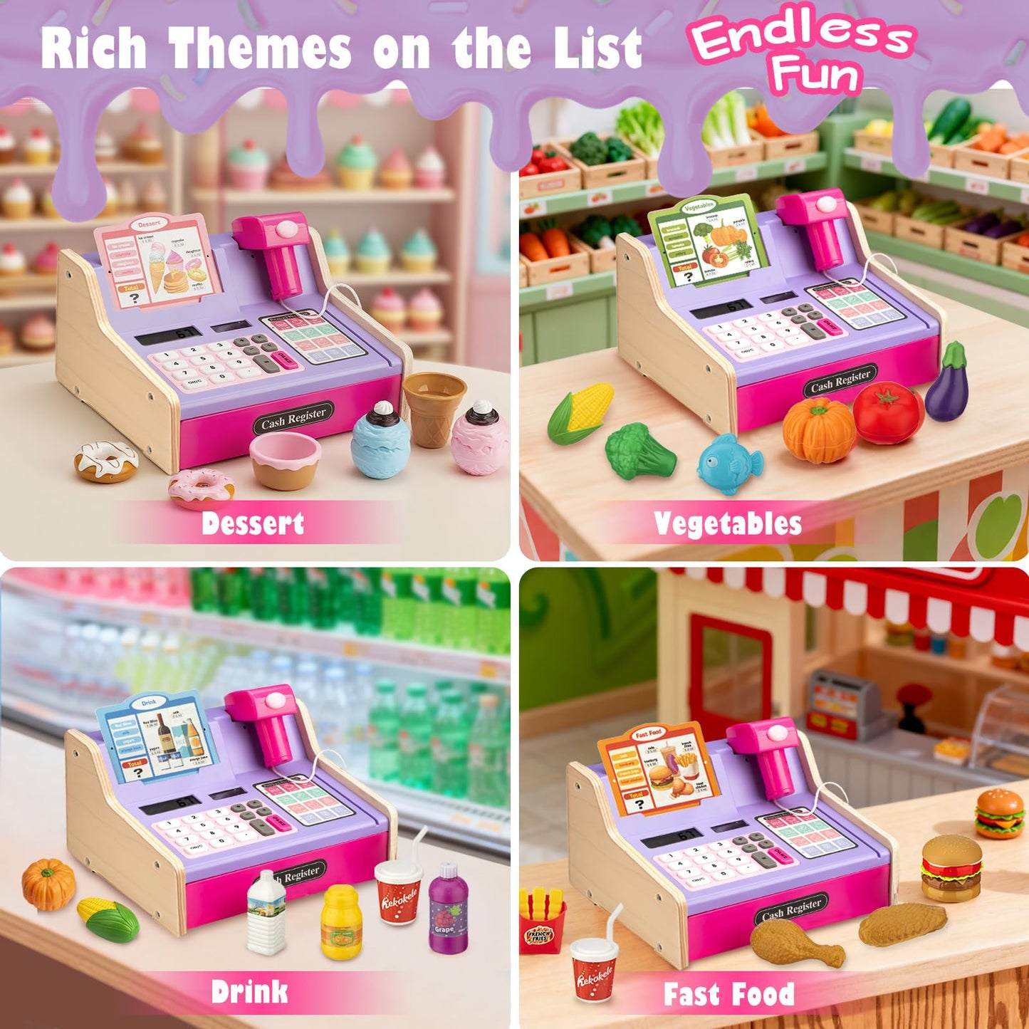 VROGTIK Wooden Cash Register with Shopping Cart – Rechargeable Pretend Play Toy