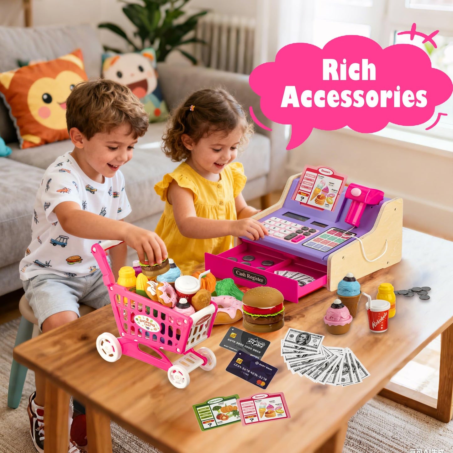 VROGTIK Wooden Cash Register with Shopping Cart – Rechargeable Pretend Play Toy