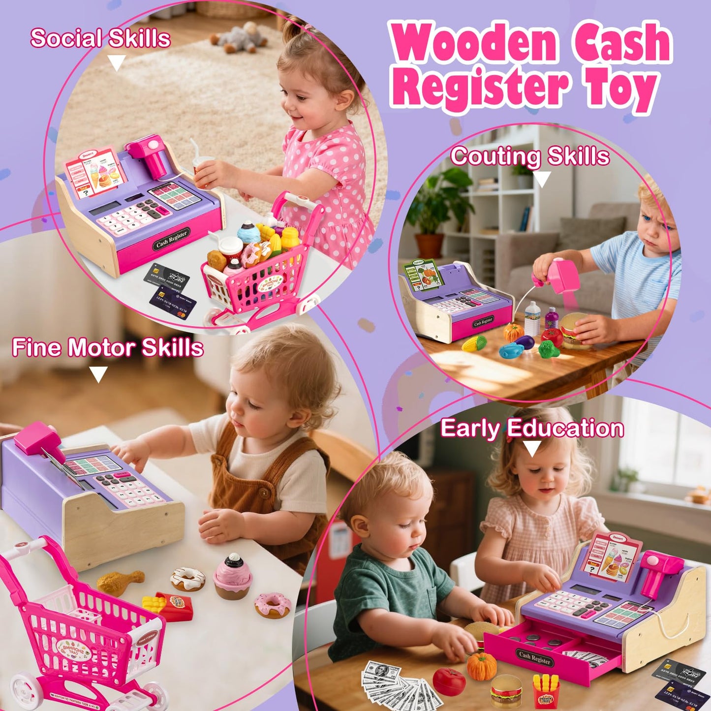 VROGTIK Wooden Cash Register with Shopping Cart – Rechargeable Pretend Play Toy