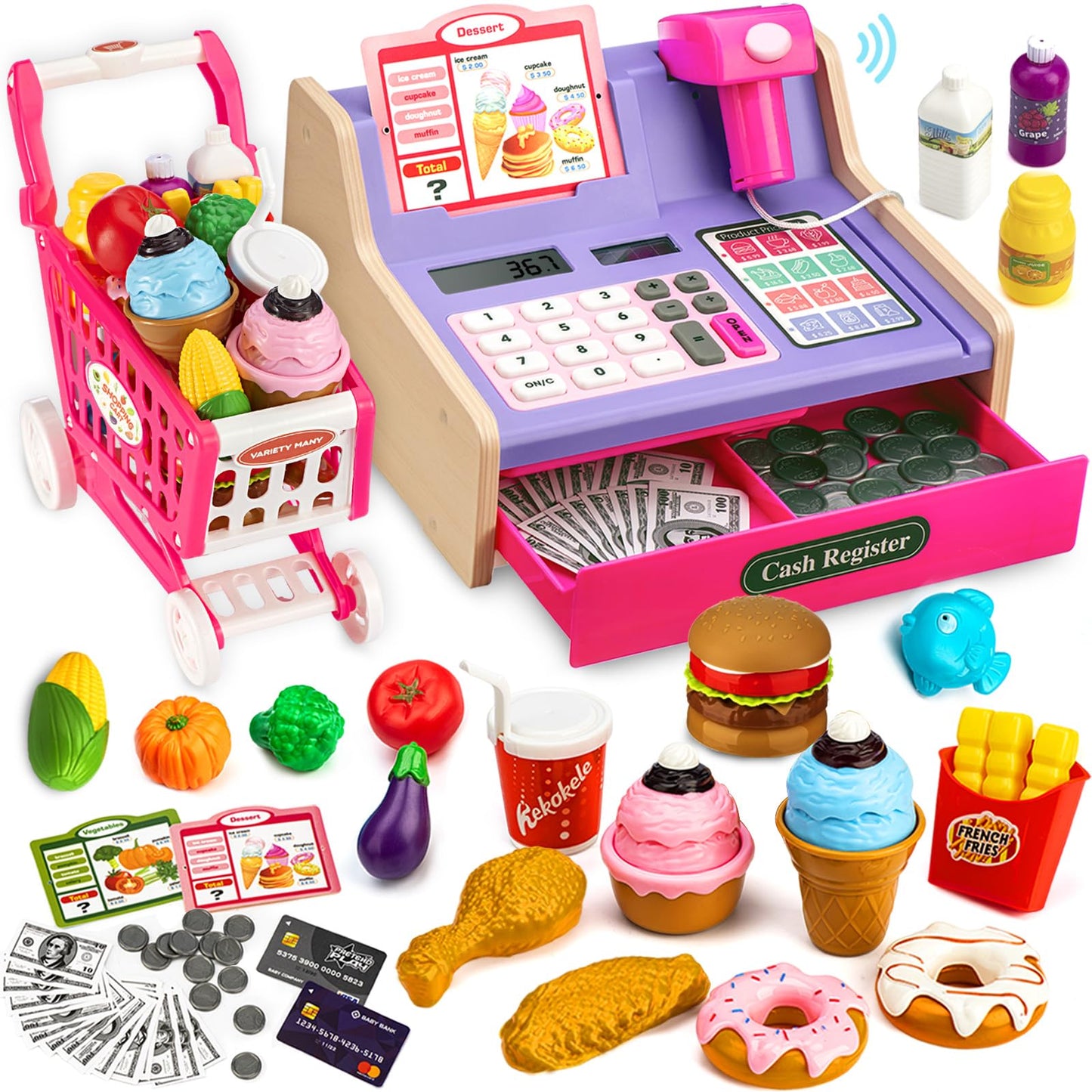 VROGTIK Wooden Cash Register with Shopping Cart – Rechargeable Pretend Play Toy