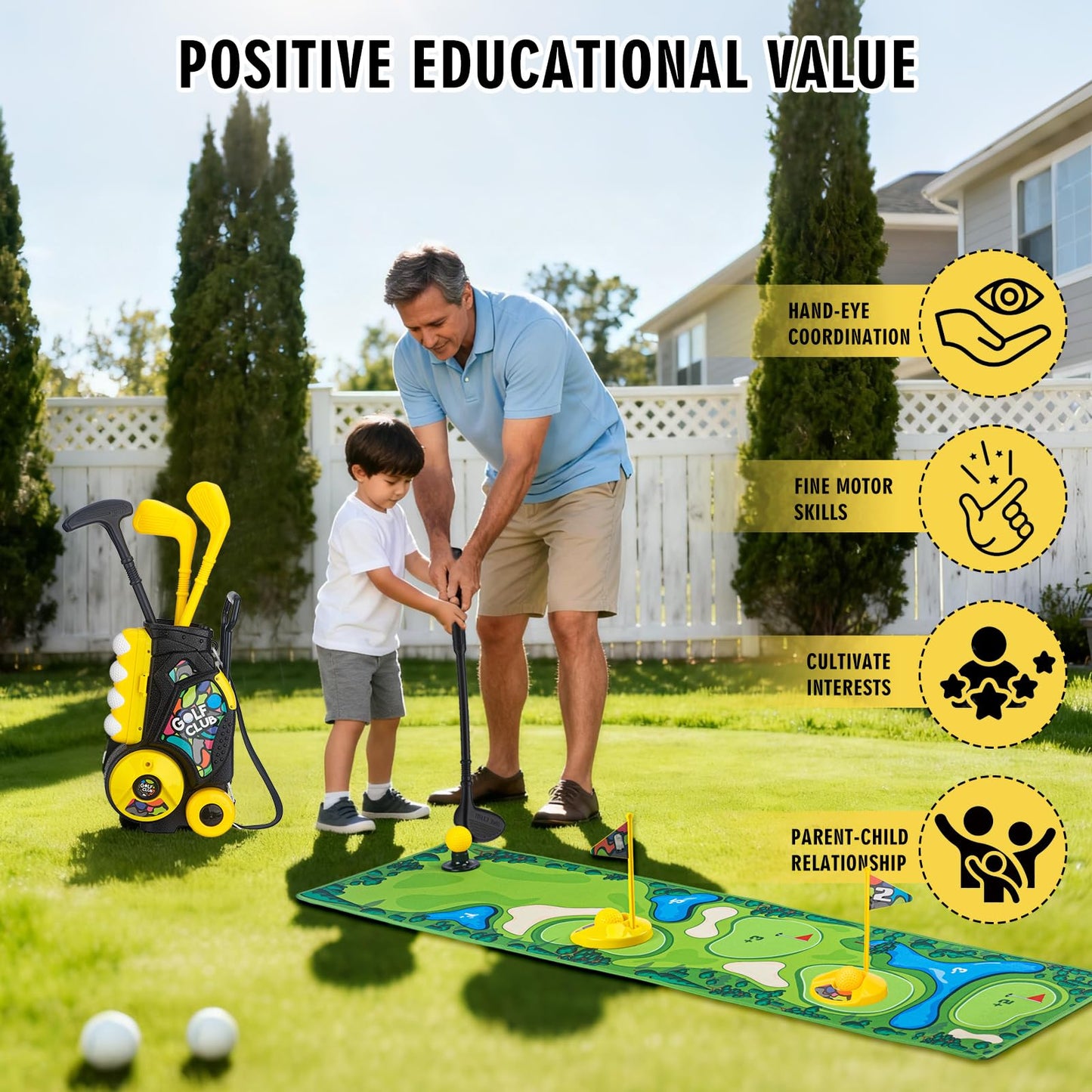 VROGTIK Toddler Golf Set with Cart – 4 Upgraded Handle Clubs & 47.2-inch Putting Mat