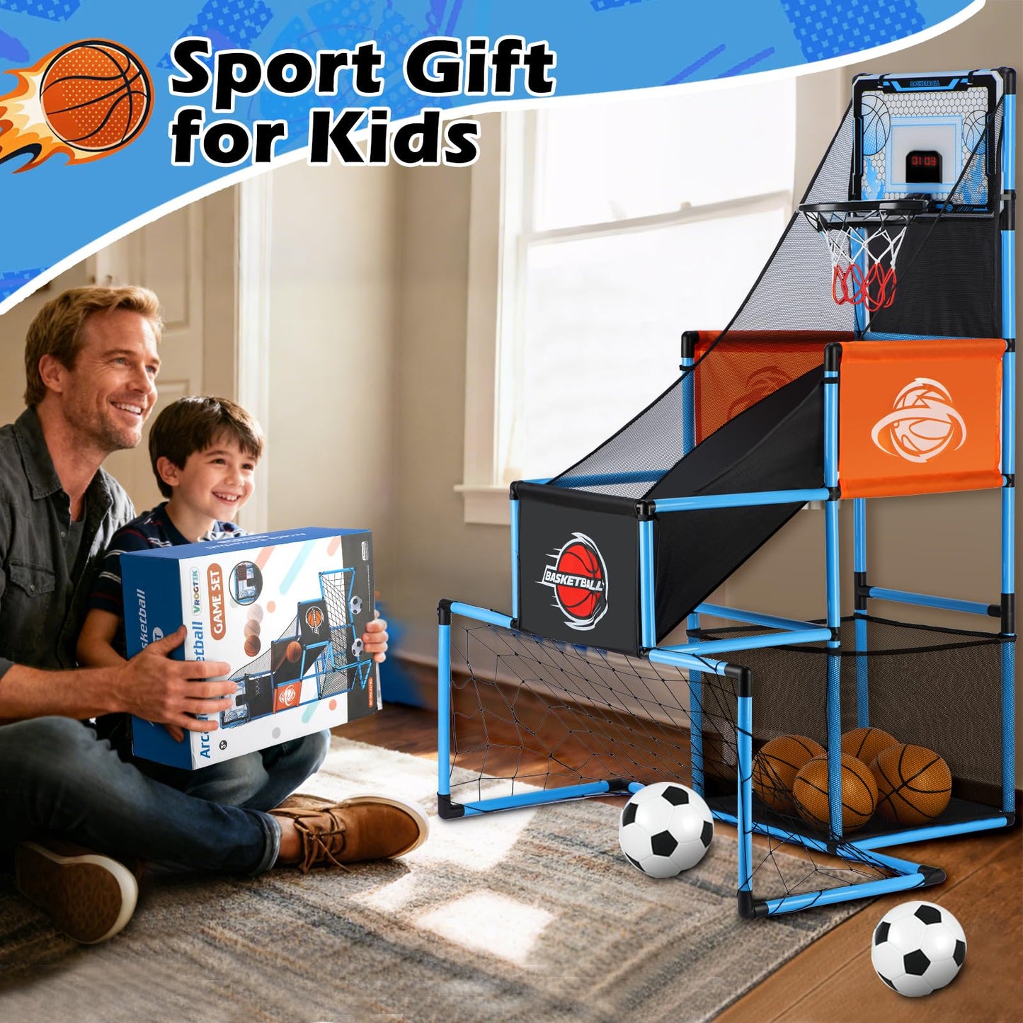 VROGTIK 2-in-1 Basketball Arcade Game & Soccer Goal for Kids | Adjustable Indoor/Outdoor Toy
