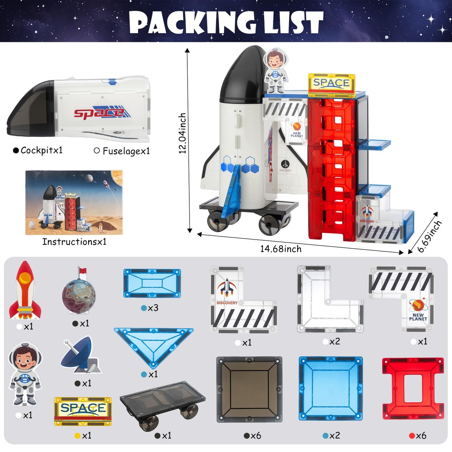 VROGTIK Space Theme Magnetic Tiles – 30-Piece Rocket Ship STEM Building Set