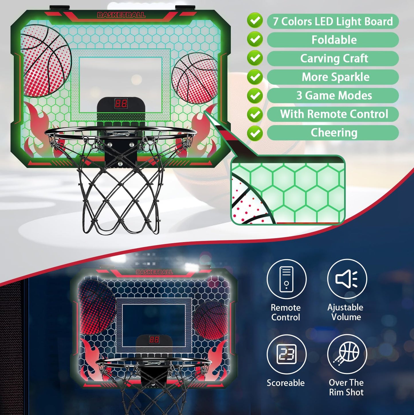 VROGTIK Indoor Basketball Hoop for Kids – LED Lights & Scoreboard