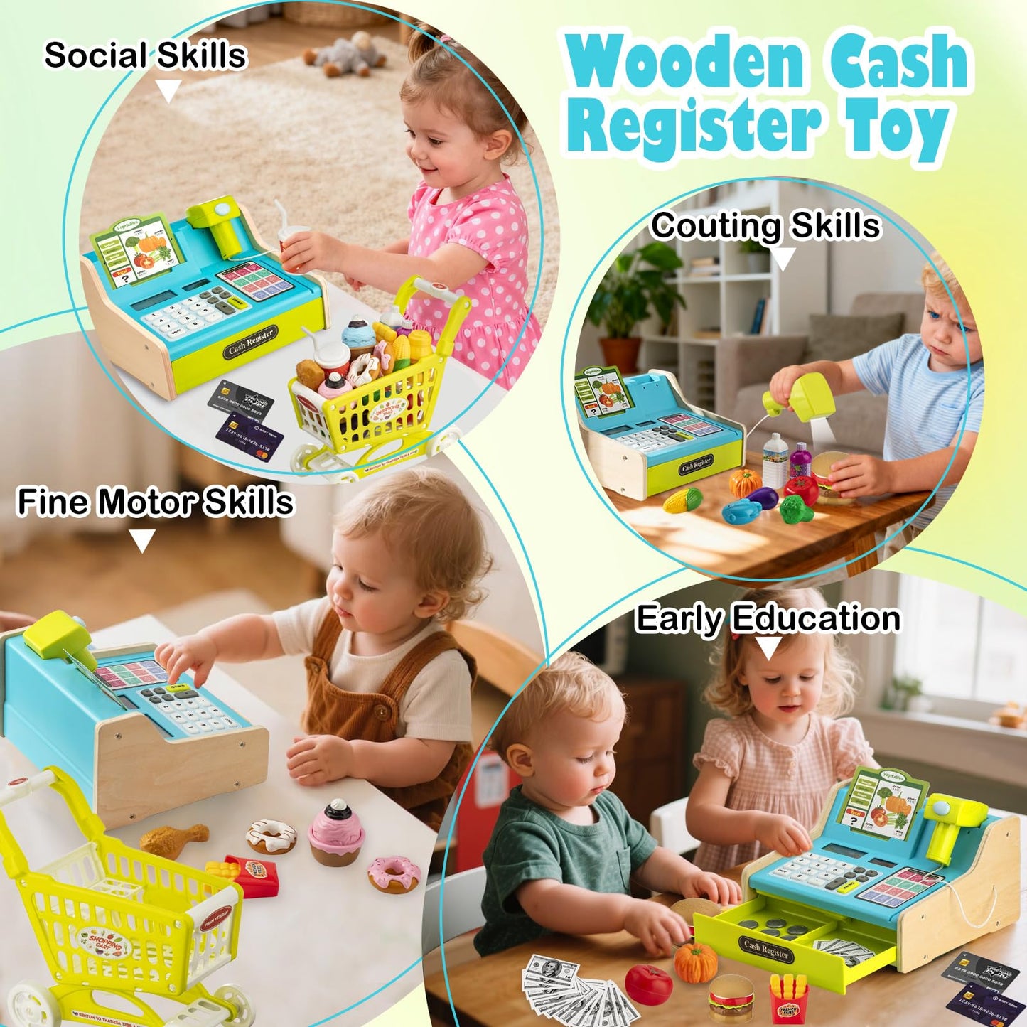 VROGTIK Wooden Cash Register with Shopping Cart — Rechargeable Pretend Play Toy for Kids 3–12