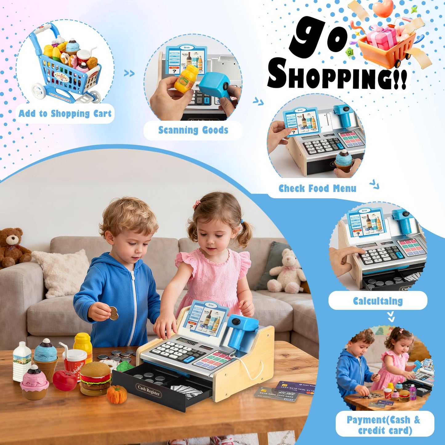 VROGTIK Wooden Cash Register with Shopping Cart – Rechargeable Pretend Play Toy for Kids