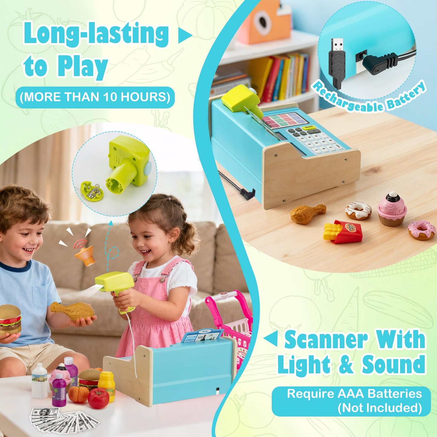 VROGTIK Wooden Cash Register with Shopping Cart — Rechargeable Pretend Play Toy for Kids 3–12
