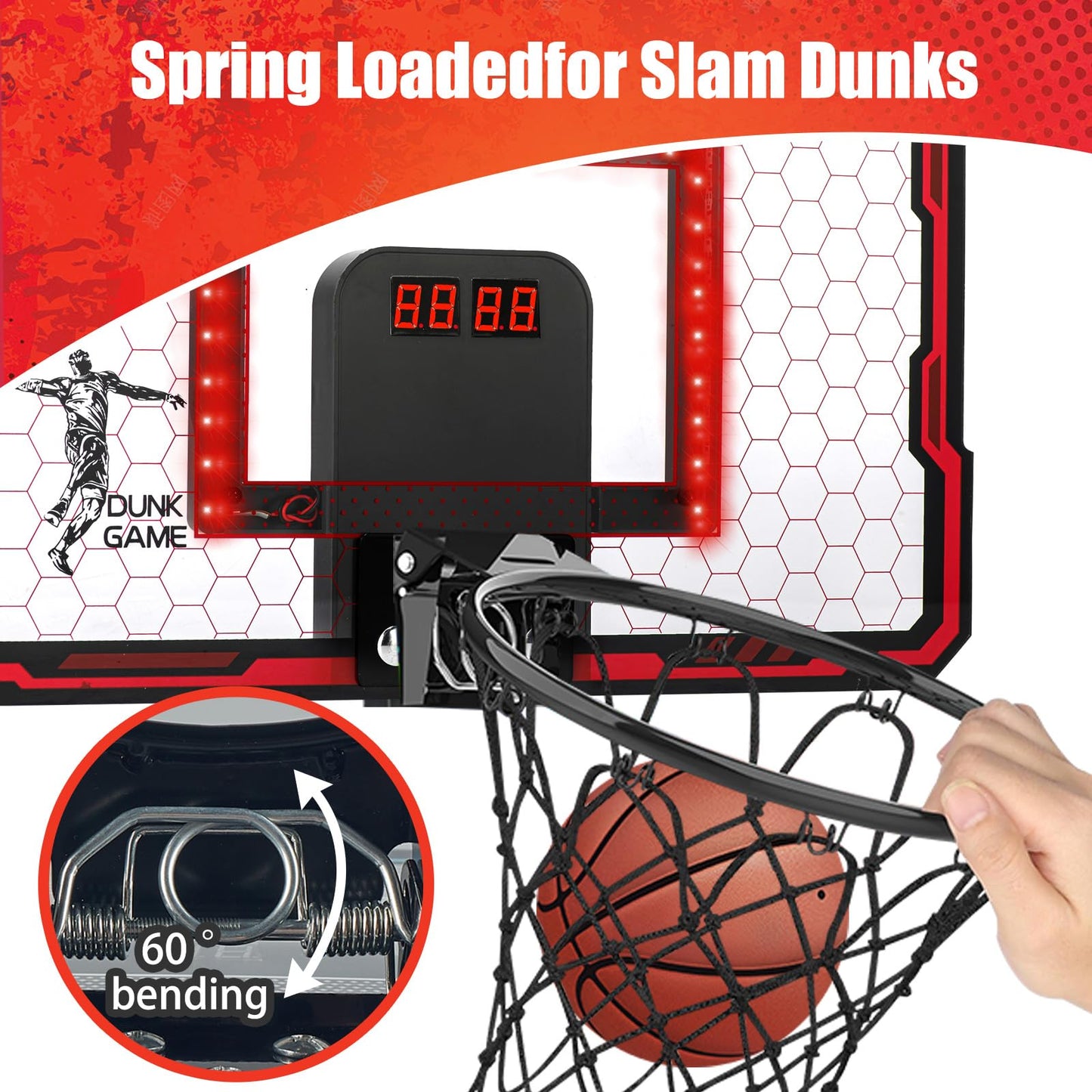 VROGTIK Indoor Basketball Hoop for Kids – Over-the-Door Mini Hoop with Scoreboard & Red LED Lights