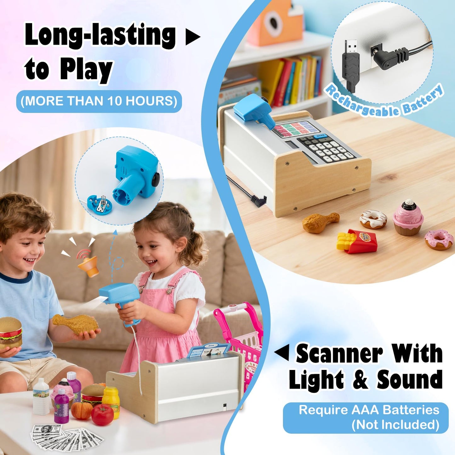 VROGTIK Wooden Cash Register with Shopping Cart – Rechargeable Pretend Play Toy for Kids