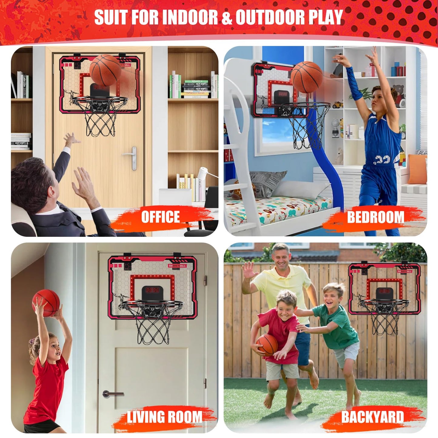 VROGTIK Indoor Basketball Hoop for Kids – Over-the-Door Mini Hoop with Scoreboard & Red LED Lights