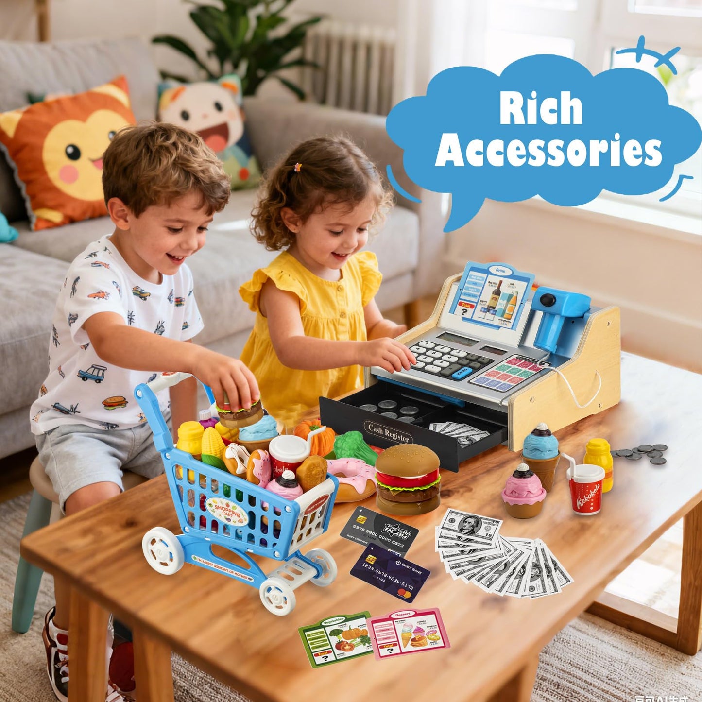 VROGTIK Wooden Cash Register with Shopping Cart – Rechargeable Pretend Play Toy for Kids