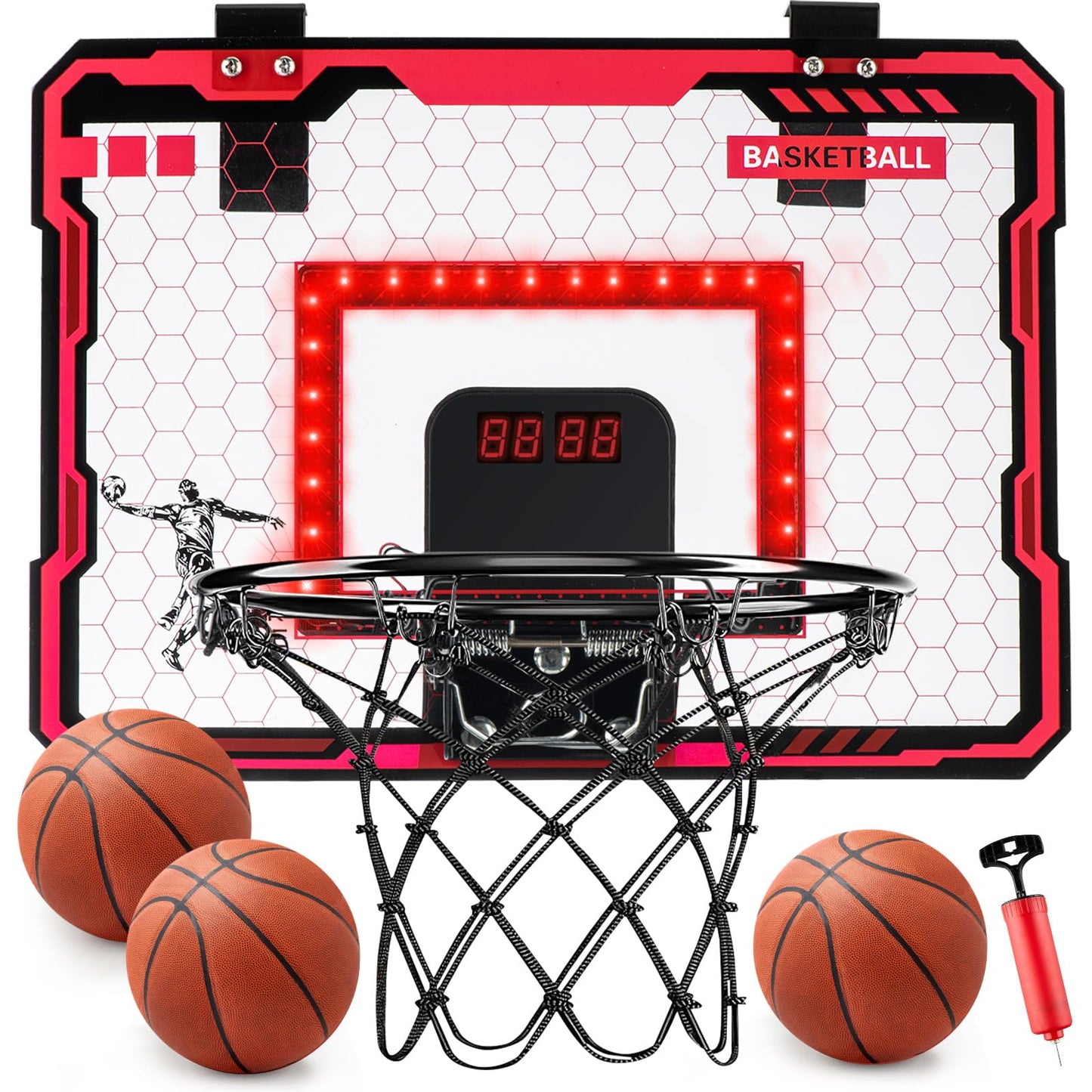 VROGTIK Indoor Basketball Hoop for Kids – Over-the-Door Mini Hoop with Scoreboard & Red LED Lights