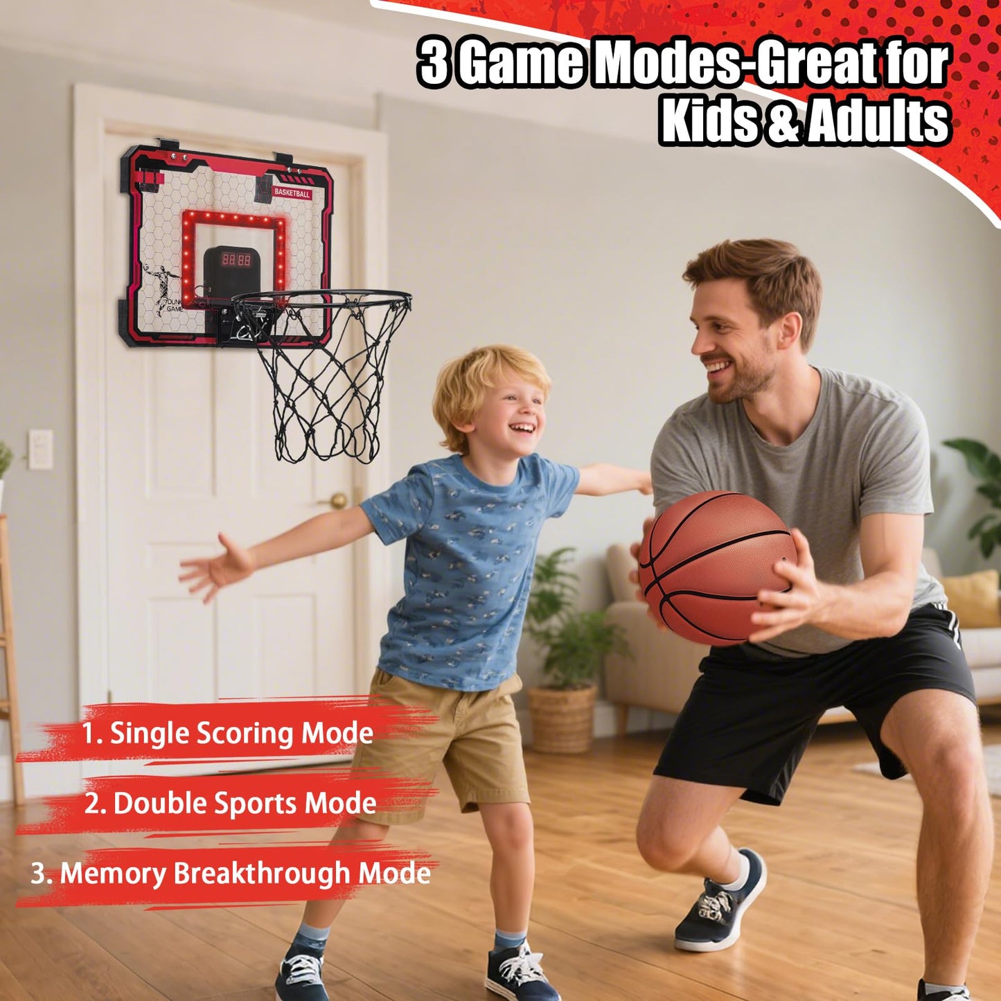 VROGTIK Indoor Basketball Hoop for Kids – Over-the-Door Mini Hoop with Scoreboard & Red LED Lights
