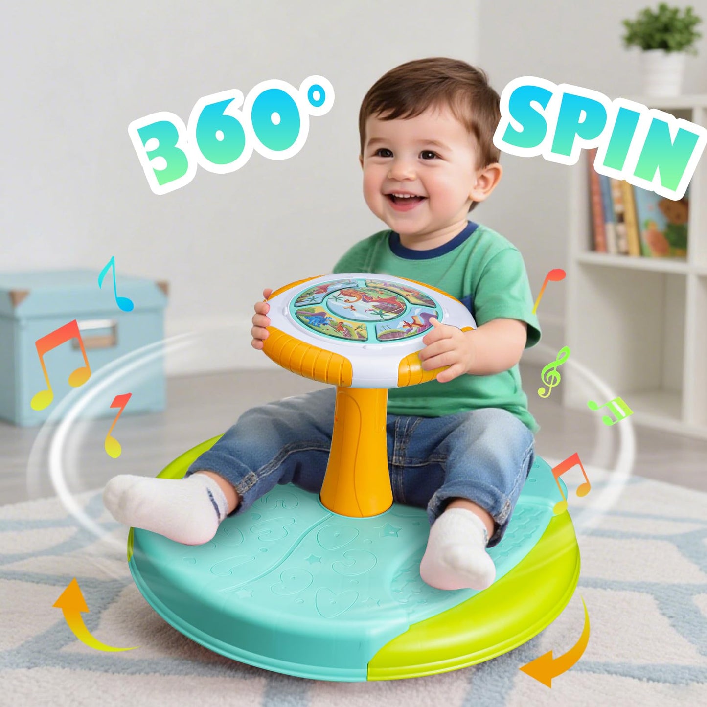 VROGTIK Dinosaur Sit and Spin Toy for Toddlers 1-3 | 360° Spin, LED Lights & Music