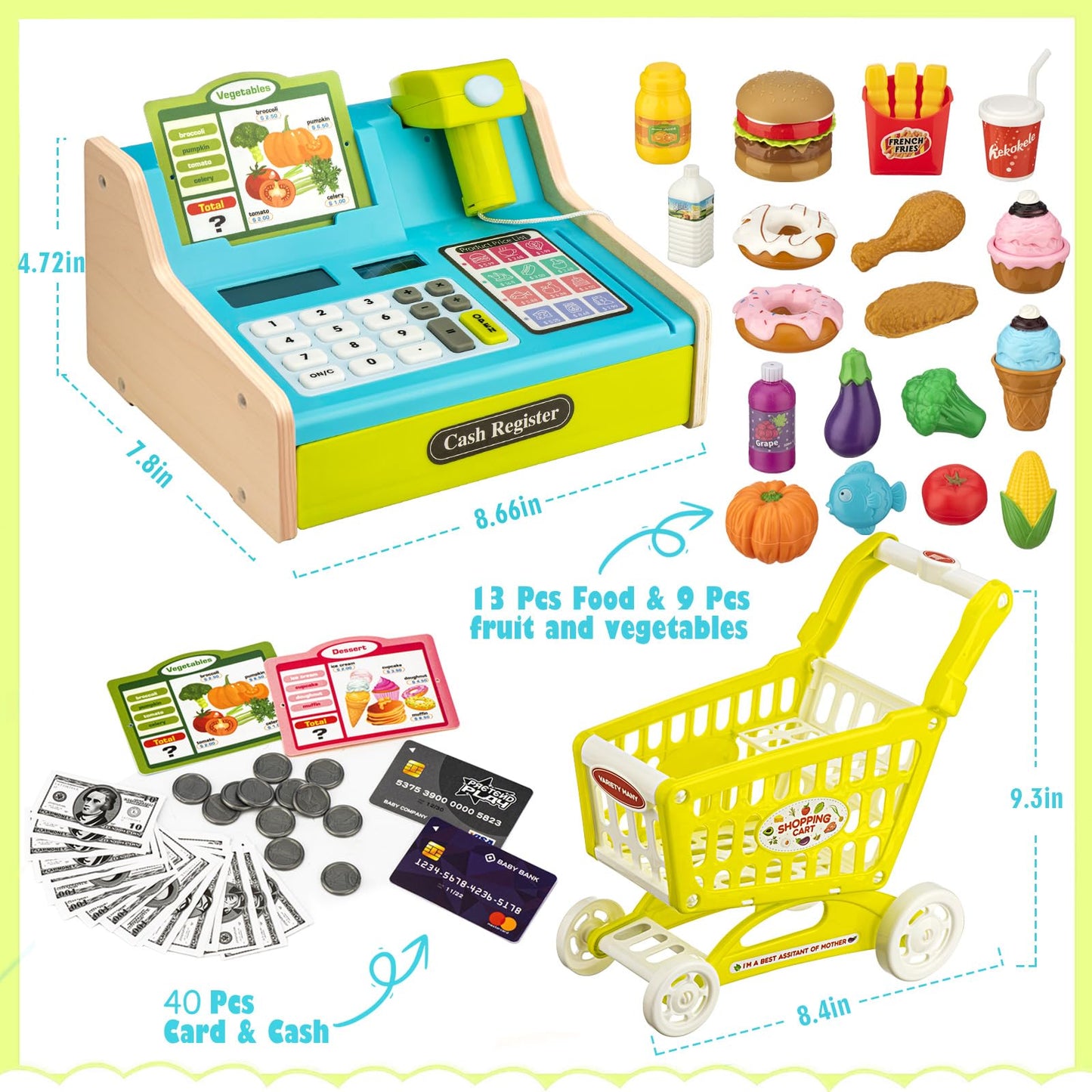 VROGTIK Wooden Cash Register with Shopping Cart — Rechargeable Pretend Play Toy for Kids 3–12