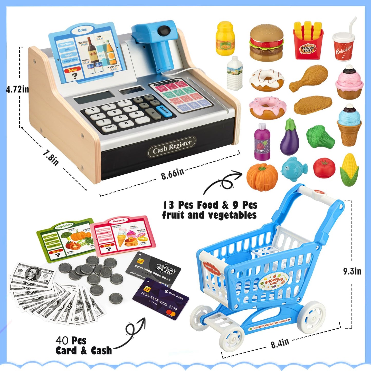 VROGTIK Wooden Cash Register with Shopping Cart – Rechargeable Pretend Play Toy for Kids
