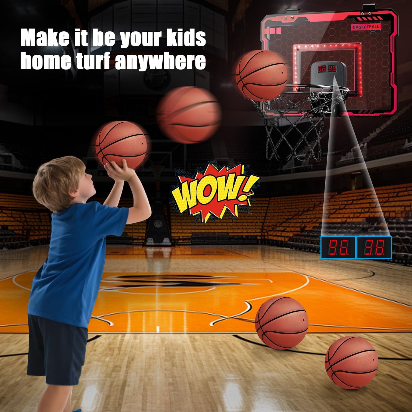 VROGTIK Indoor Basketball Hoop for Kids – Over-the-Door Mini Hoop with Scoreboard & Red LED Lights
