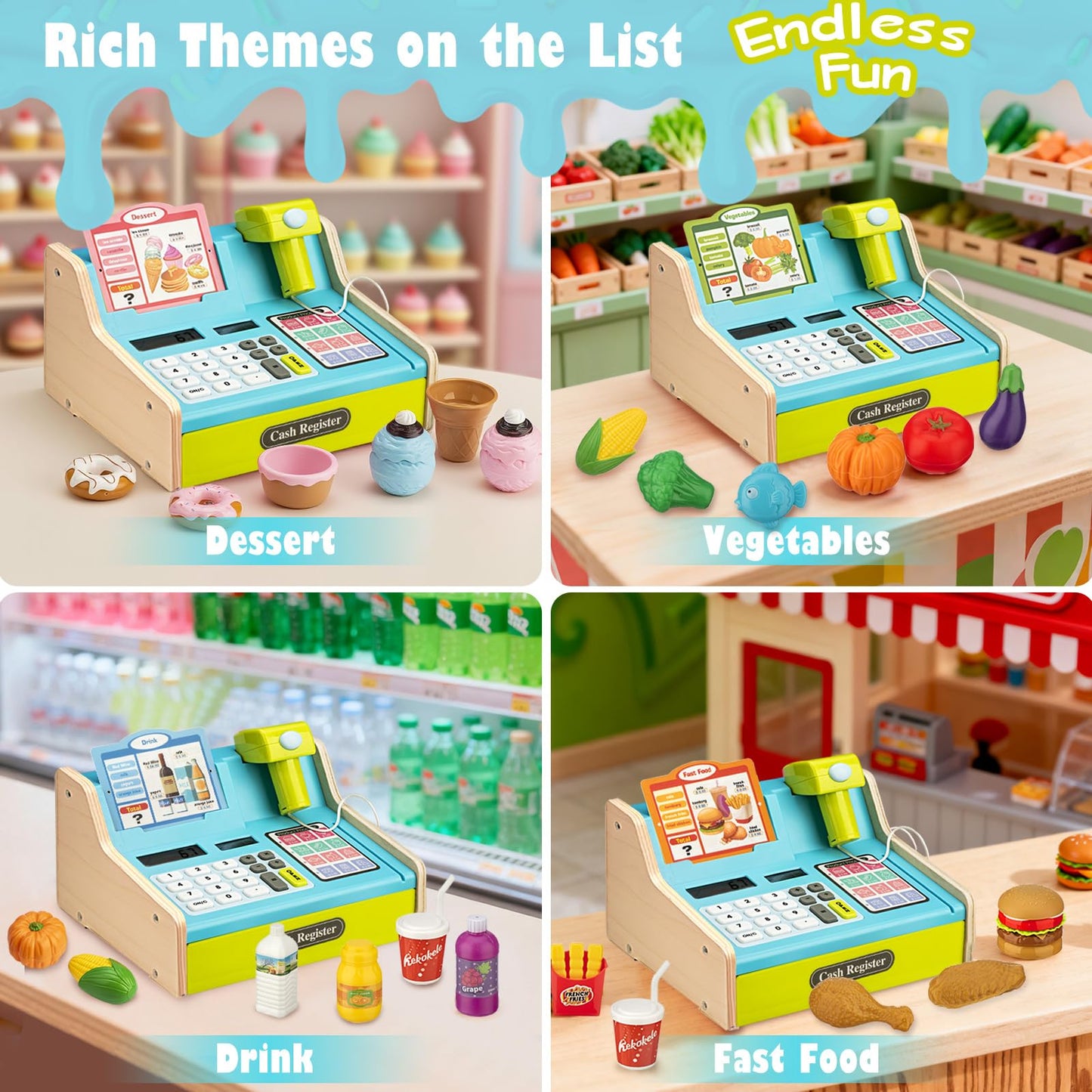 VROGTIK Wooden Cash Register with Shopping Cart — Rechargeable Pretend Play Toy for Kids 3–12