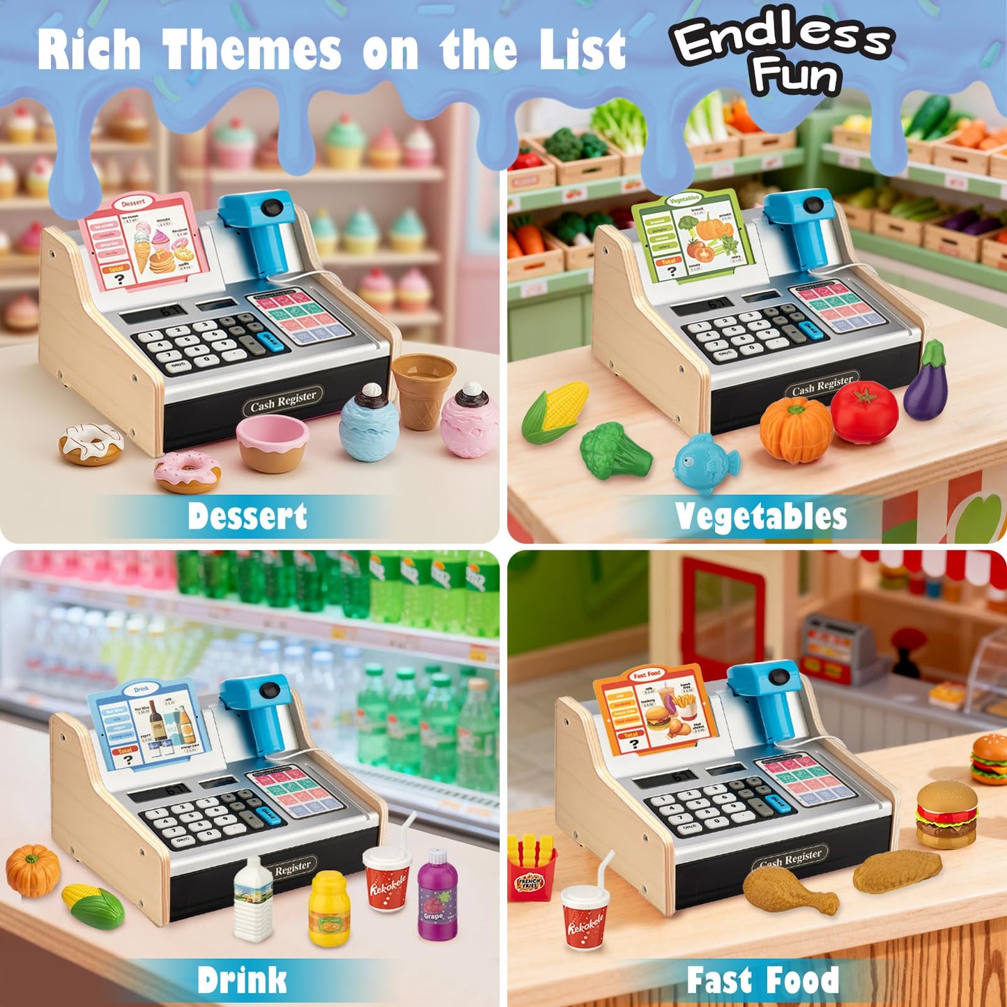 VROGTIK Wooden Cash Register with Shopping Cart – Rechargeable Pretend Play Toy for Kids