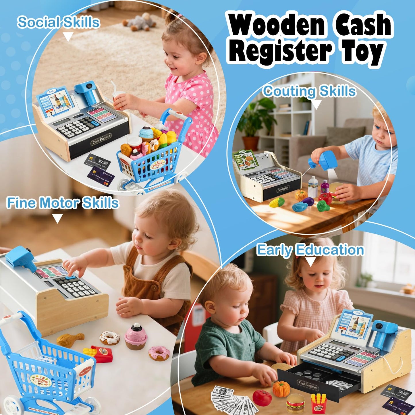 VROGTIK Wooden Cash Register with Shopping Cart – Rechargeable Pretend Play Toy for Kids