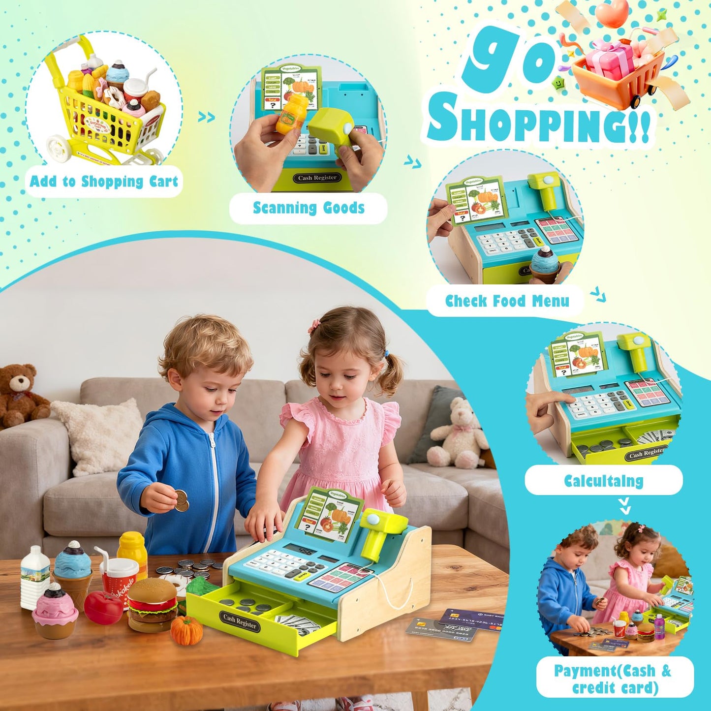 VROGTIK Wooden Cash Register with Shopping Cart — Rechargeable Pretend Play Toy for Kids 3–12