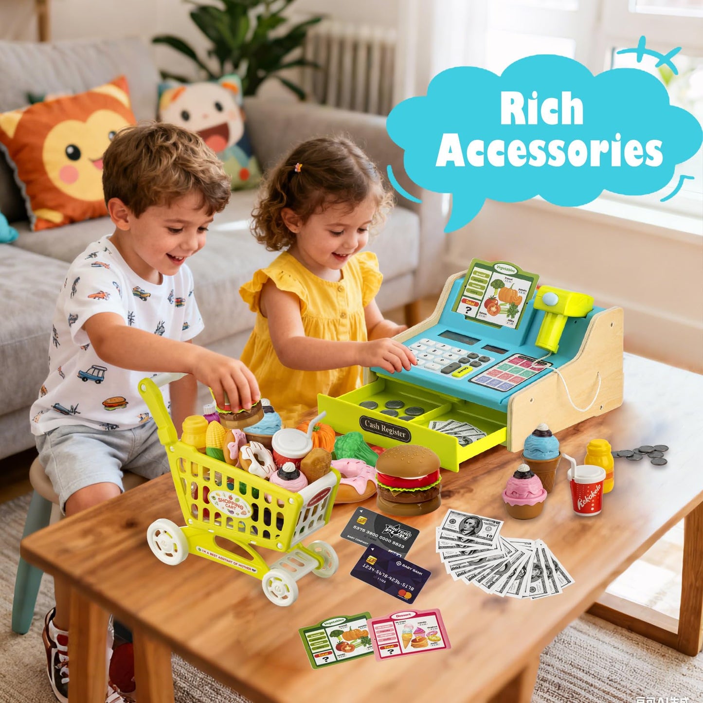 VROGTIK Wooden Cash Register with Shopping Cart — Rechargeable Pretend Play Toy for Kids 3–12