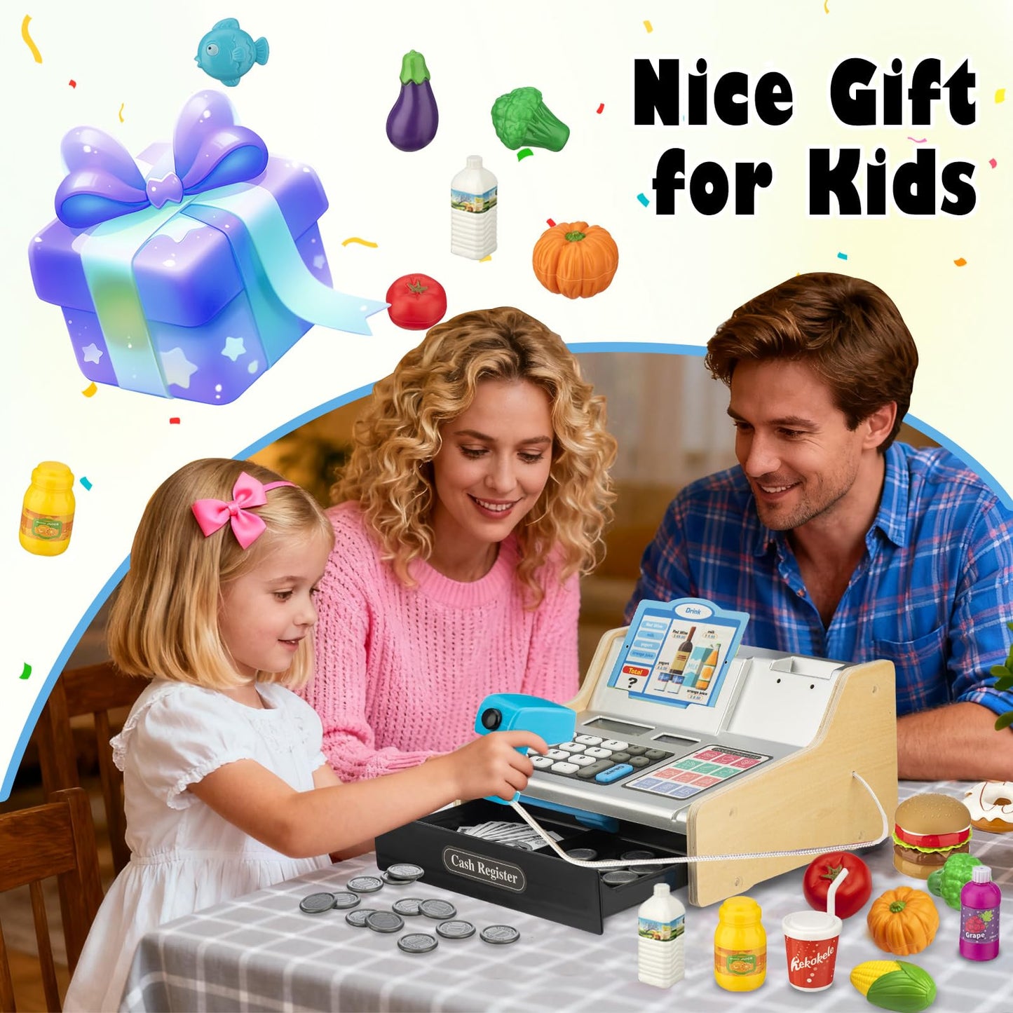 VROGTIK Wooden Cash Register with Shopping Cart – Rechargeable Pretend Play Toy for Kids