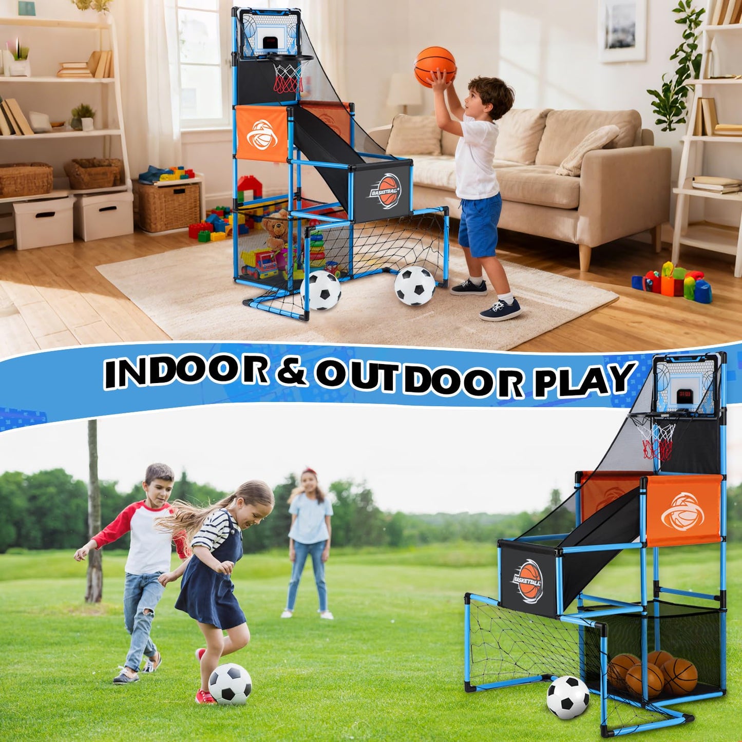 VROGTIK 2-in-1 Basketball Arcade Game & Soccer Goal for Kids | Adjustable Indoor/Outdoor Toy