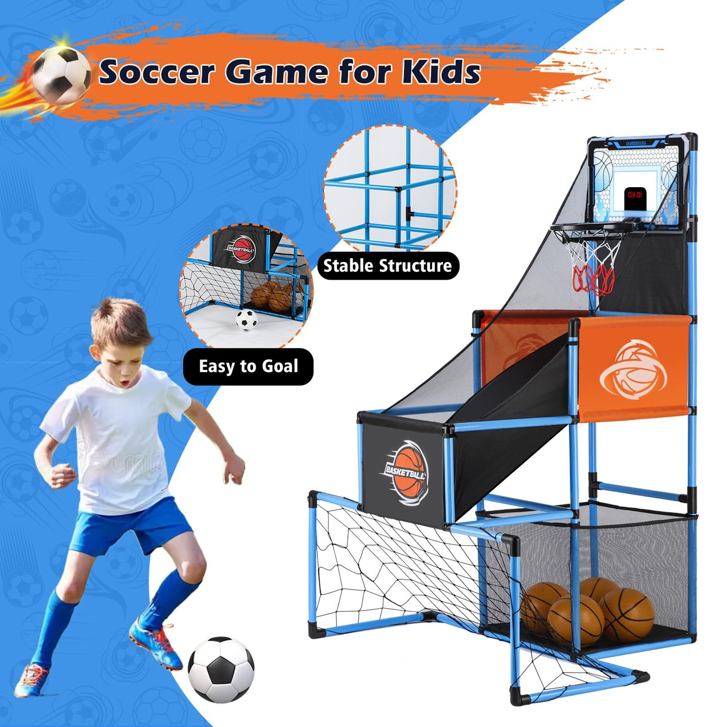 VROGTIK 2-in-1 Basketball Arcade Game & Soccer Goal for Kids | Adjustable Indoor/Outdoor Toy