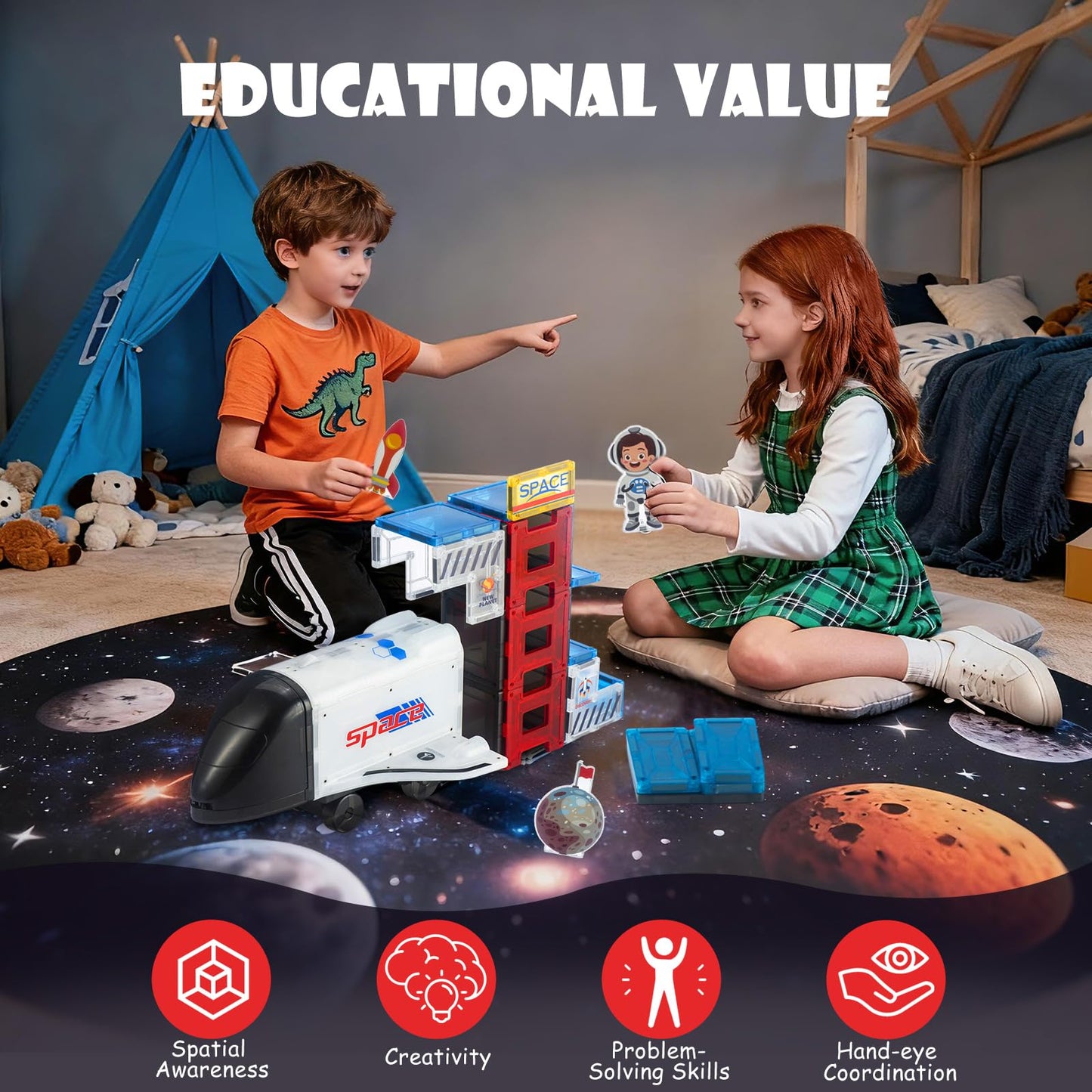 VROGTIK Space Theme Magnetic Tiles – 30-Piece Rocket Ship STEM Building Set