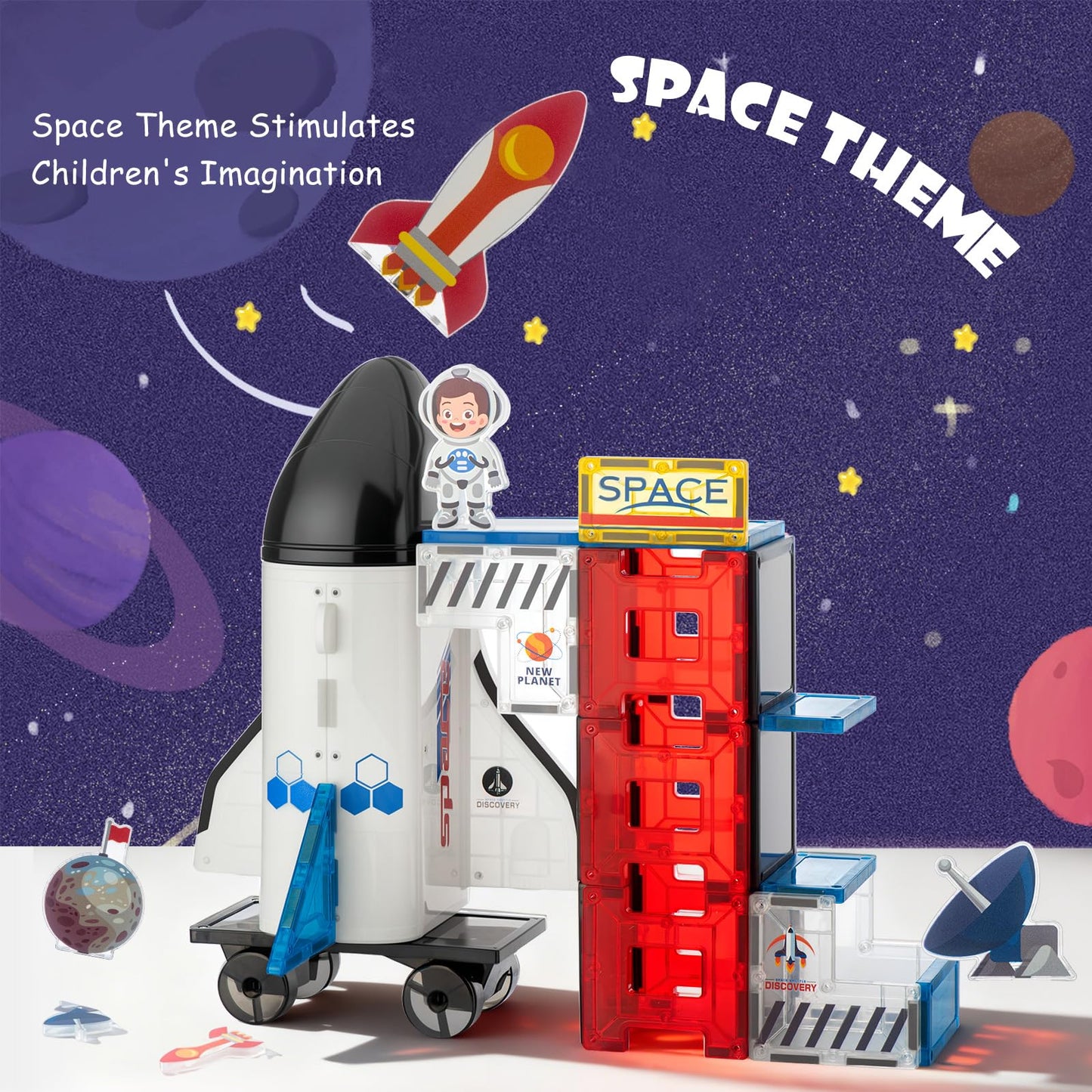 VROGTIK Space Theme Magnetic Tiles – 30-Piece Rocket Ship STEM Building Set