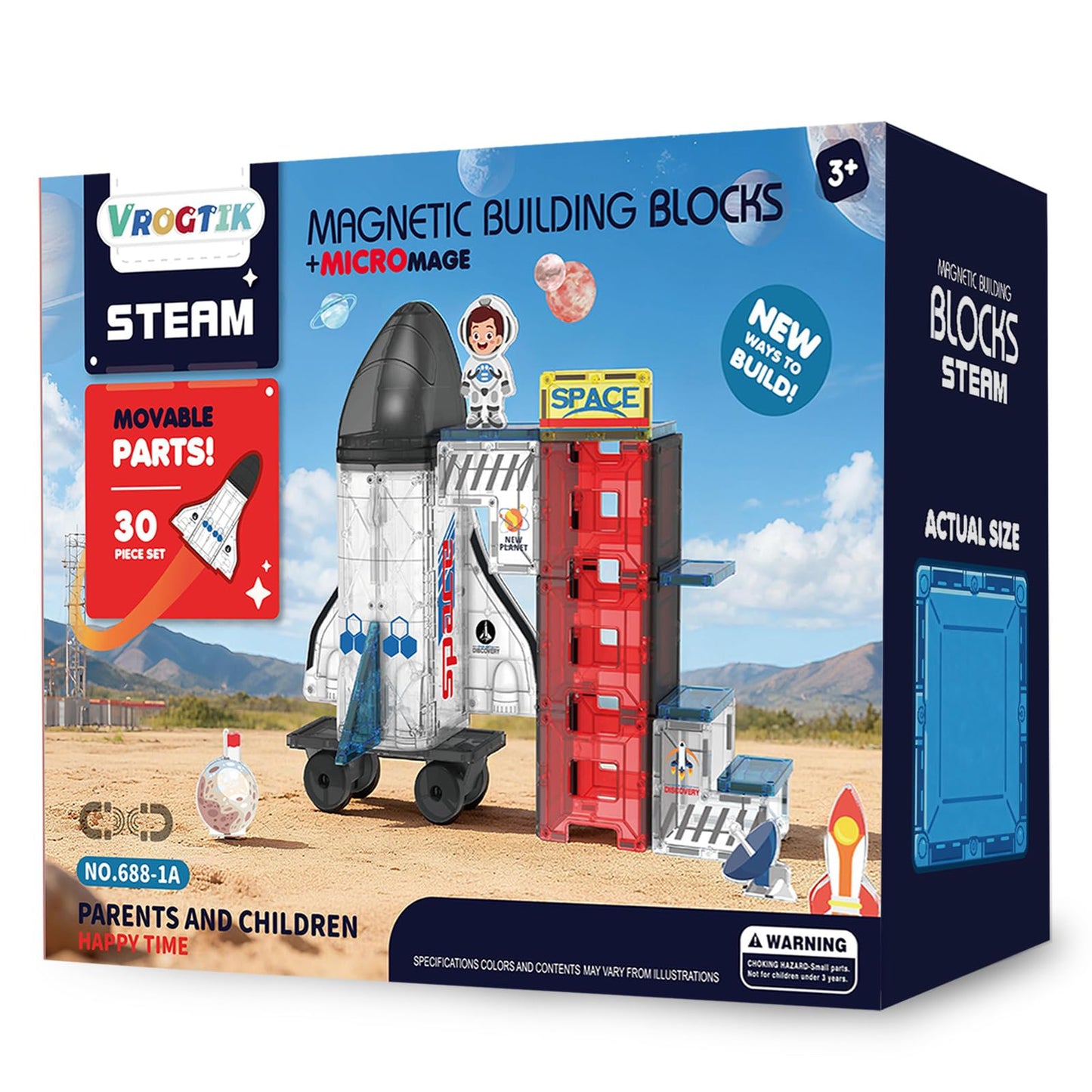VROGTIK Space Theme Magnetic Tiles – 30-Piece Rocket Ship STEM Building Set