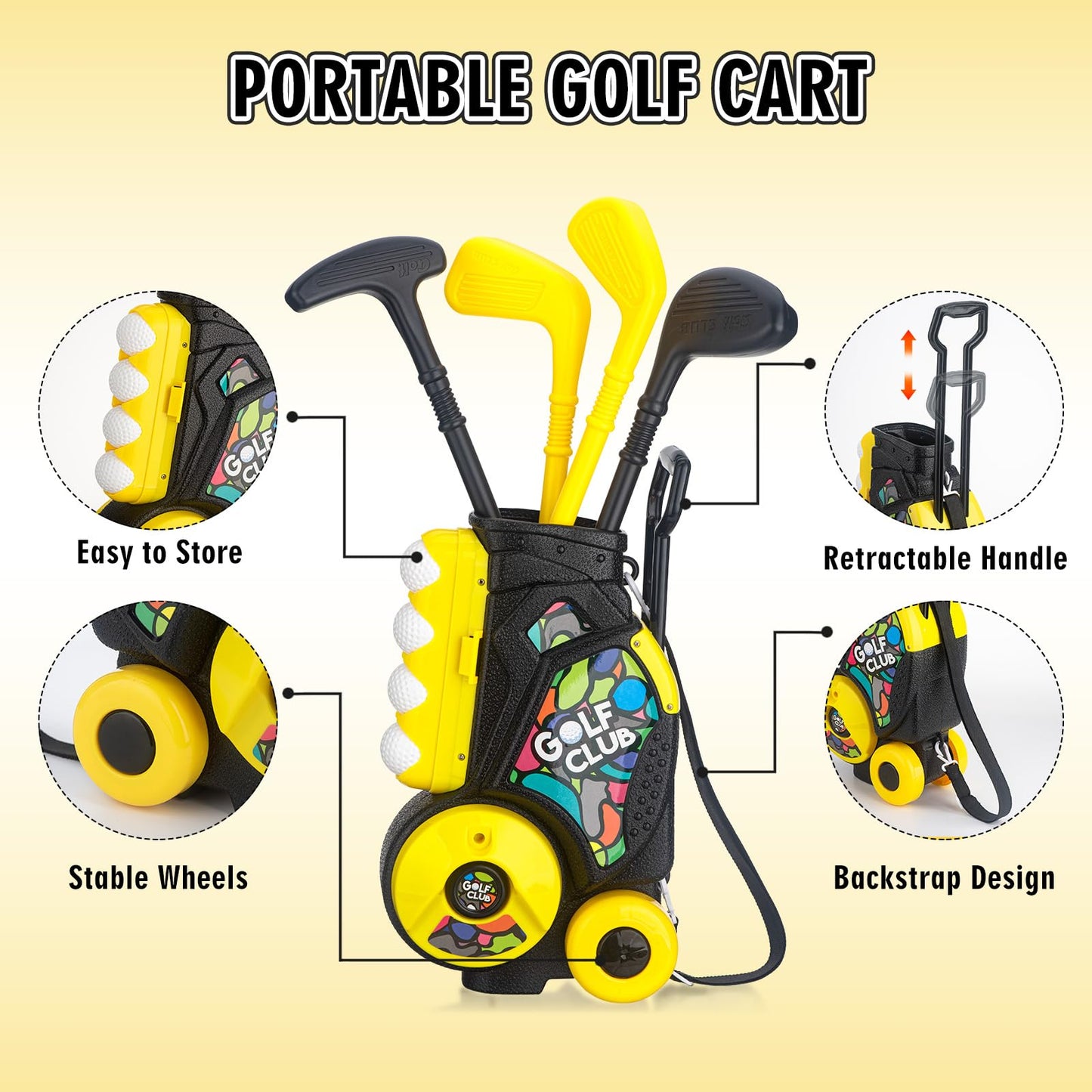 VROGTIK Toddler Golf Set with Cart – 4 Upgraded Handle Clubs & 47.2-inch Putting Mat