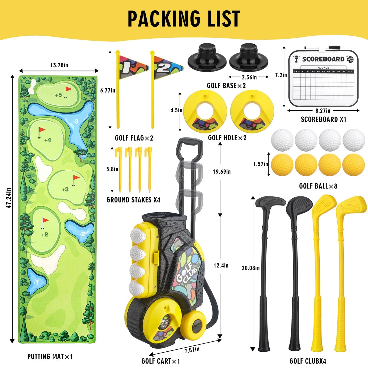 VROGTIK Toddler Golf Set with Cart – 4 Upgraded Handle Clubs & 47.2-inch Putting Mat