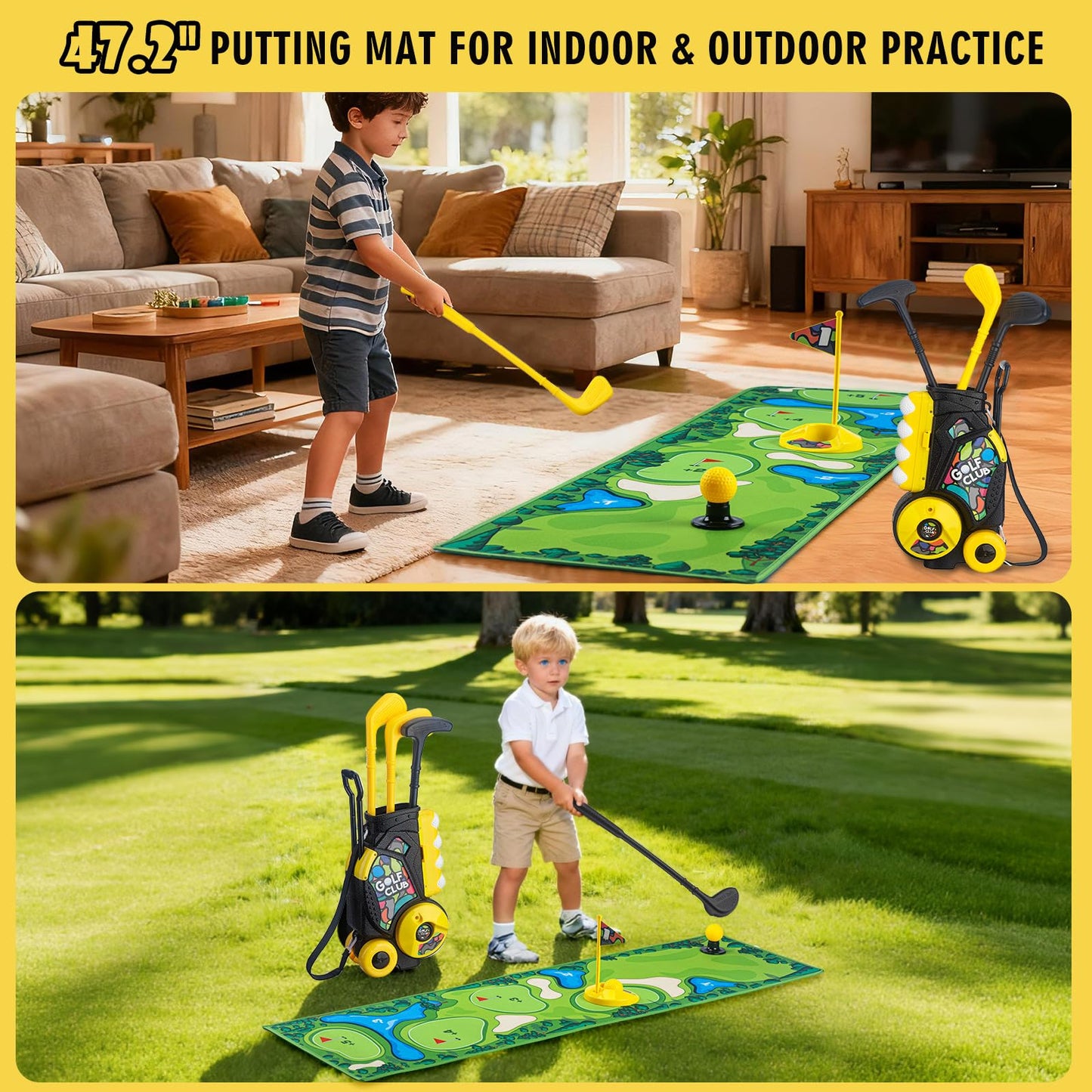 VROGTIK Toddler Golf Set with Cart – 4 Upgraded Handle Clubs & 47.2-inch Putting Mat