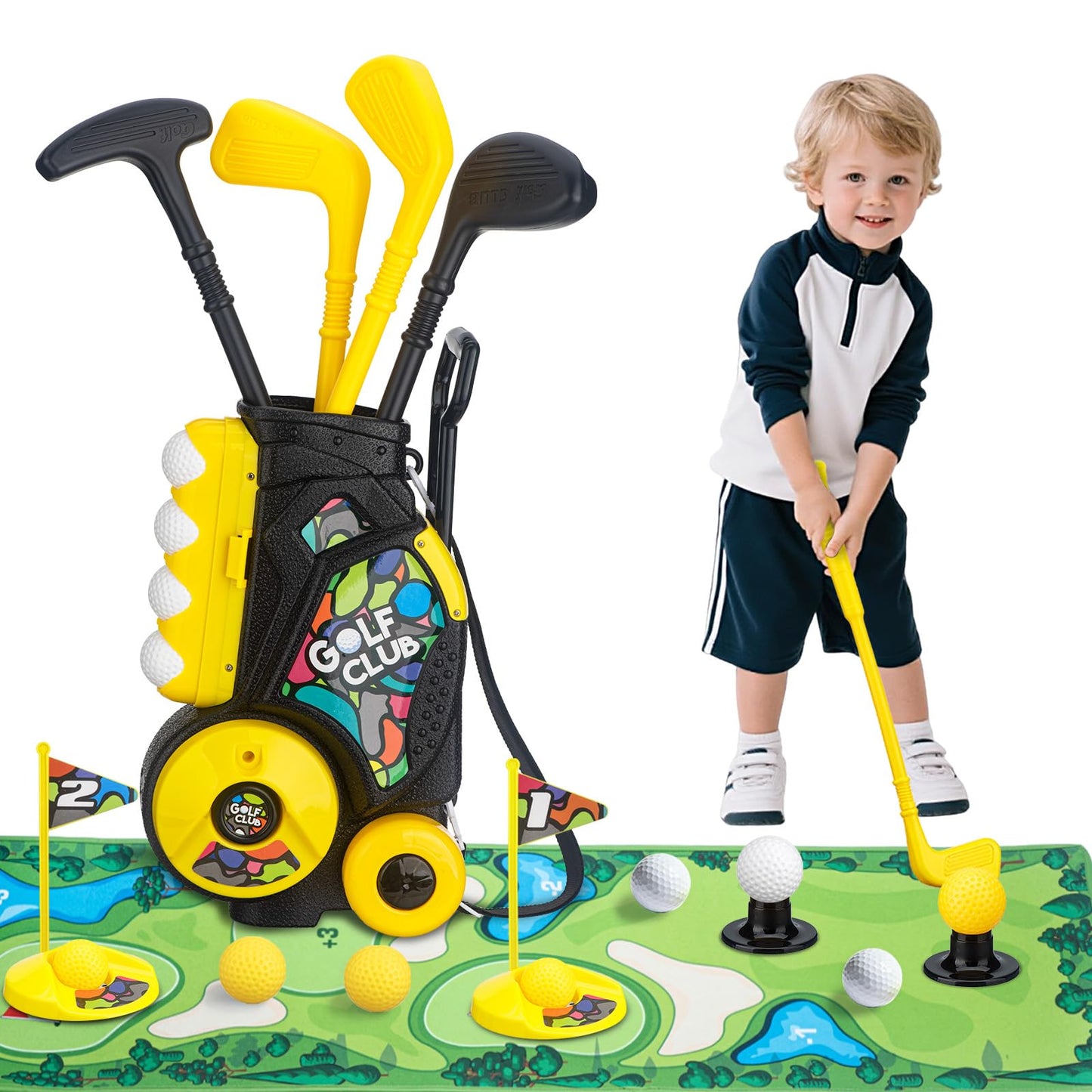 VROGTIK Toddler Golf Set with Cart – 4 Upgraded Handle Clubs & 47.2-inch Putting Mat